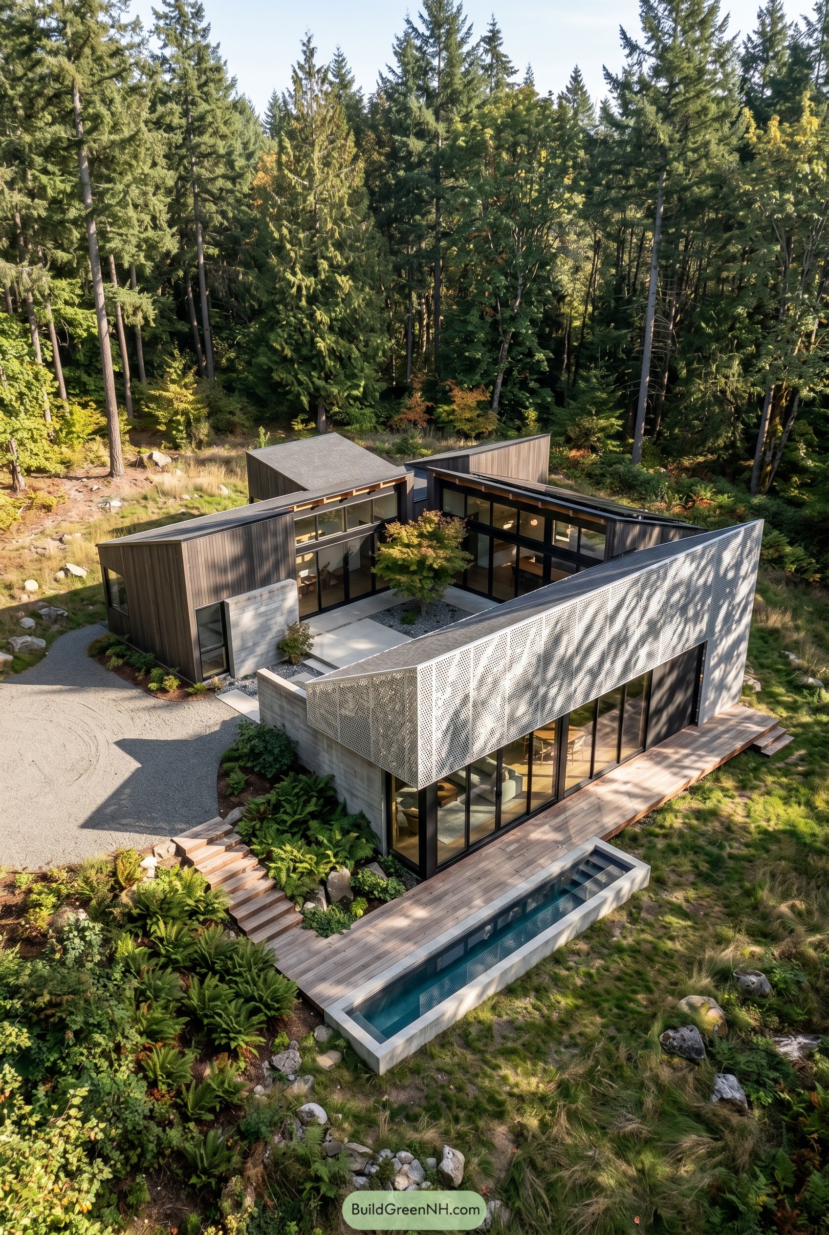 Angled modern house with perforated screen in woods