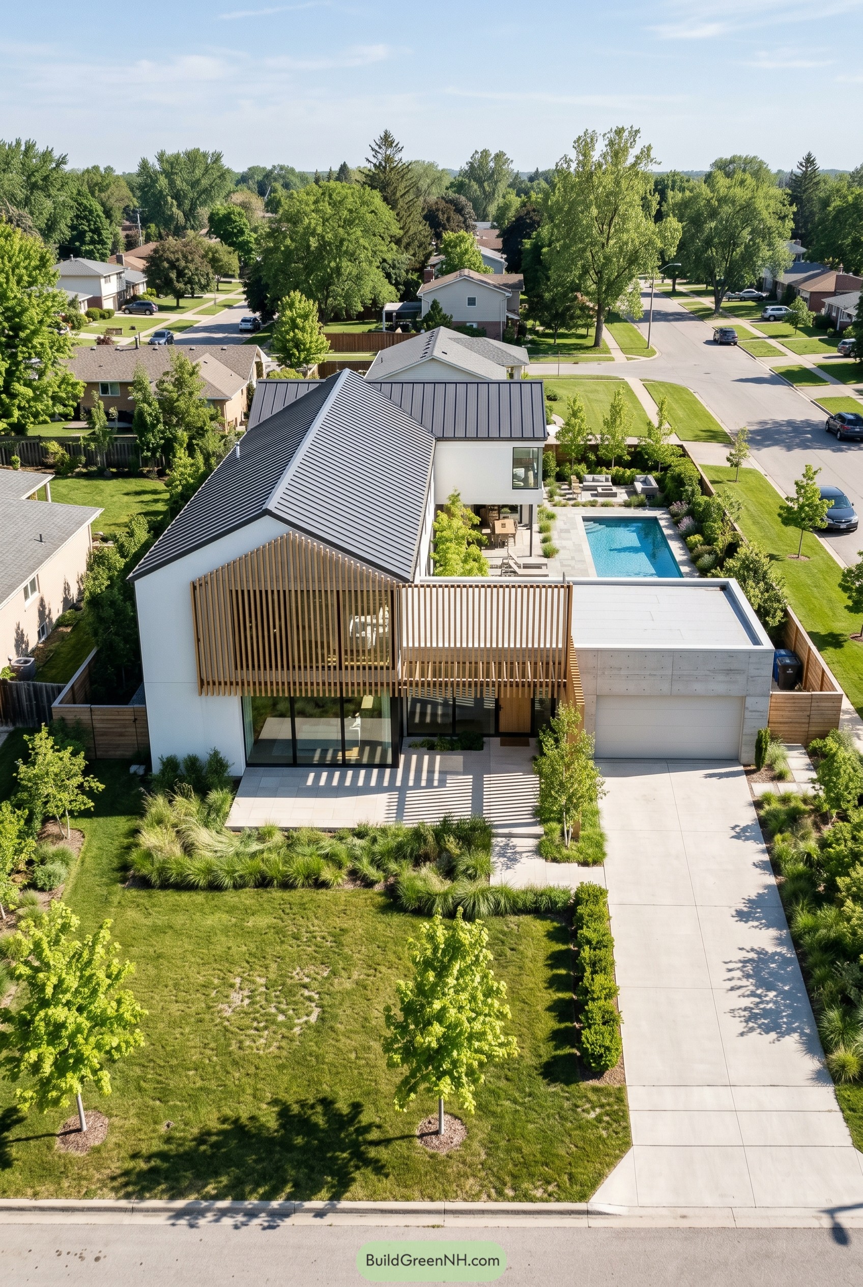 Modern white house with timber facade screens and pool