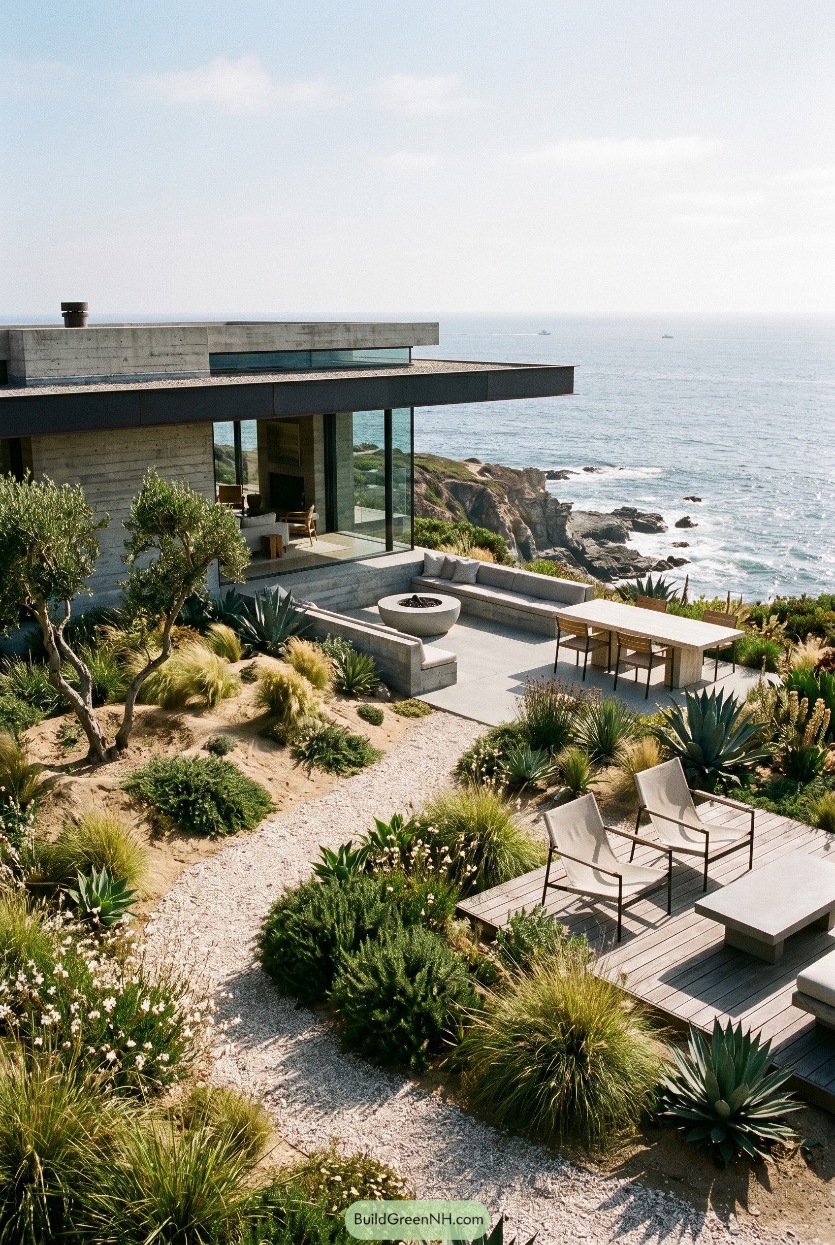 Brutalist seaside home with coastal garden patio