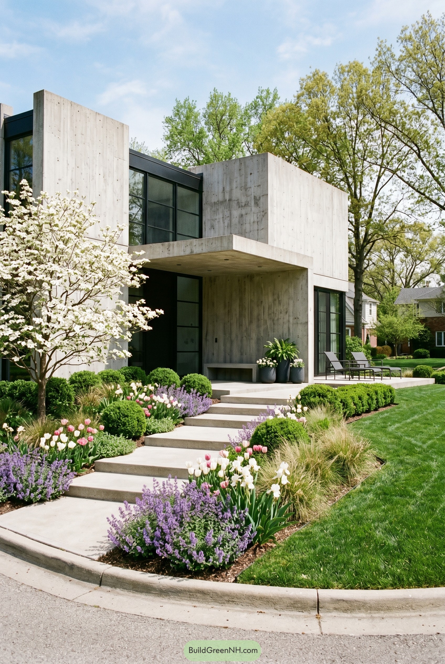 Brutalist concrete home with flowering front garden