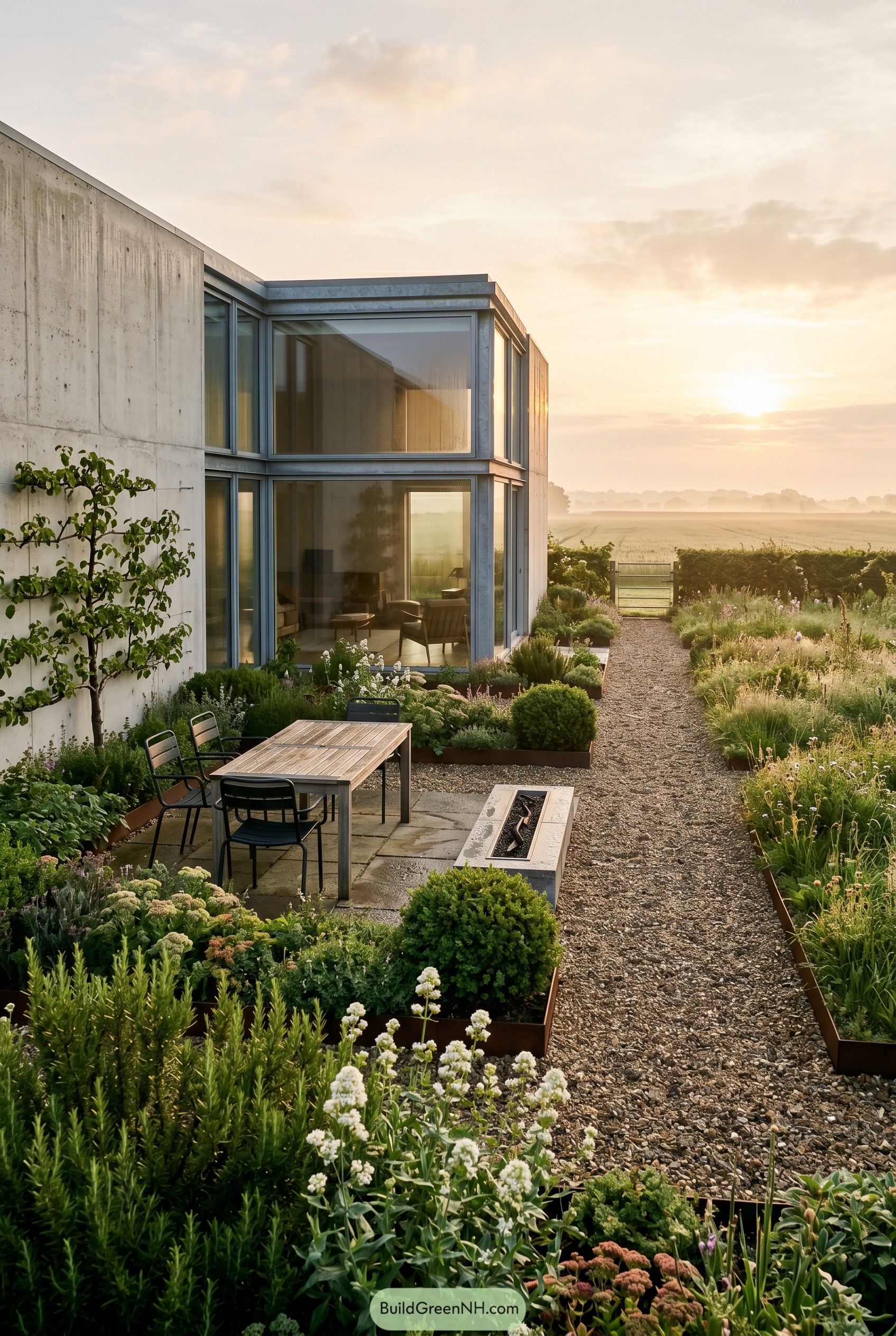 Concrete house with gravel garden path and meadow planting