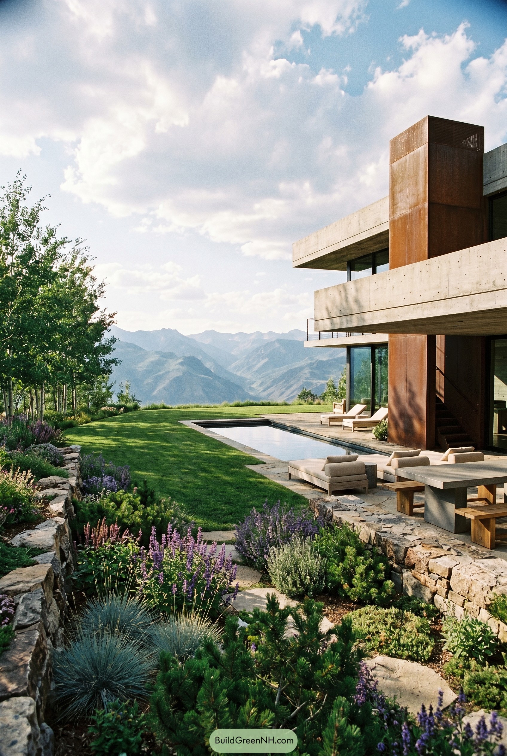 Brutalist mountain house with pool and stone garden