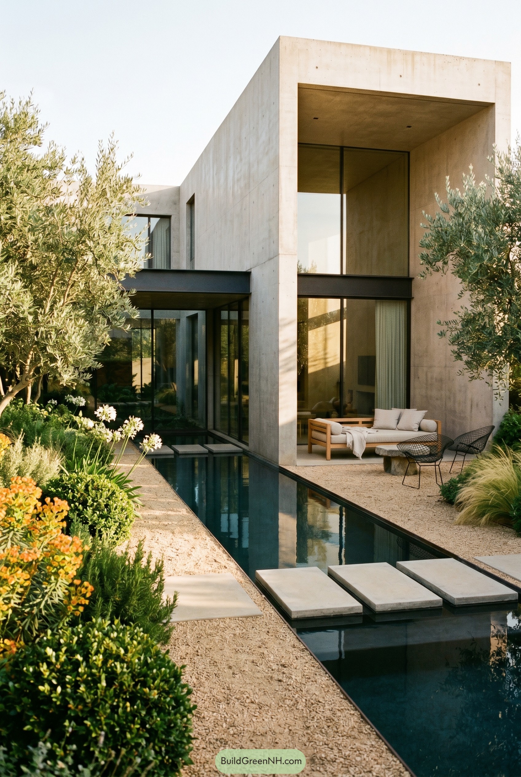 Concrete brutalist house beside a narrow reflecting pool