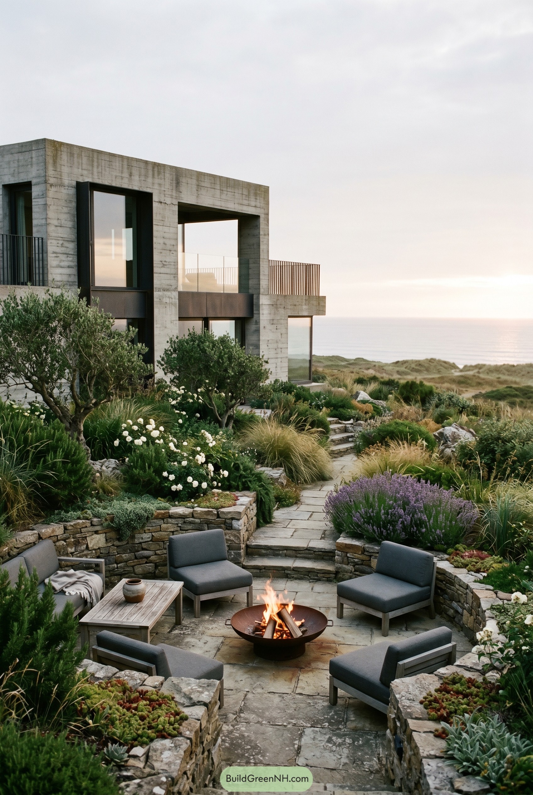 Brutalist coastal house with terraced fire pit garden