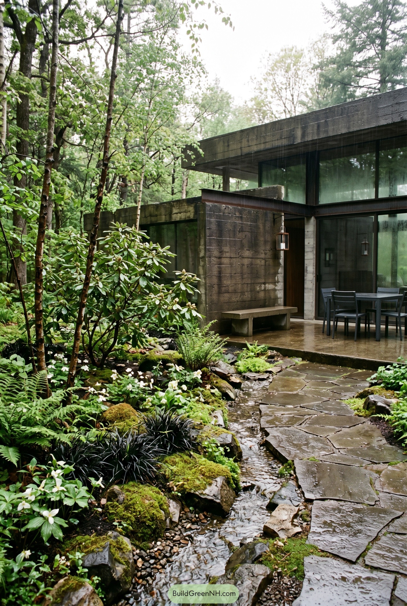 Concrete brutalist home with mossy stream garden