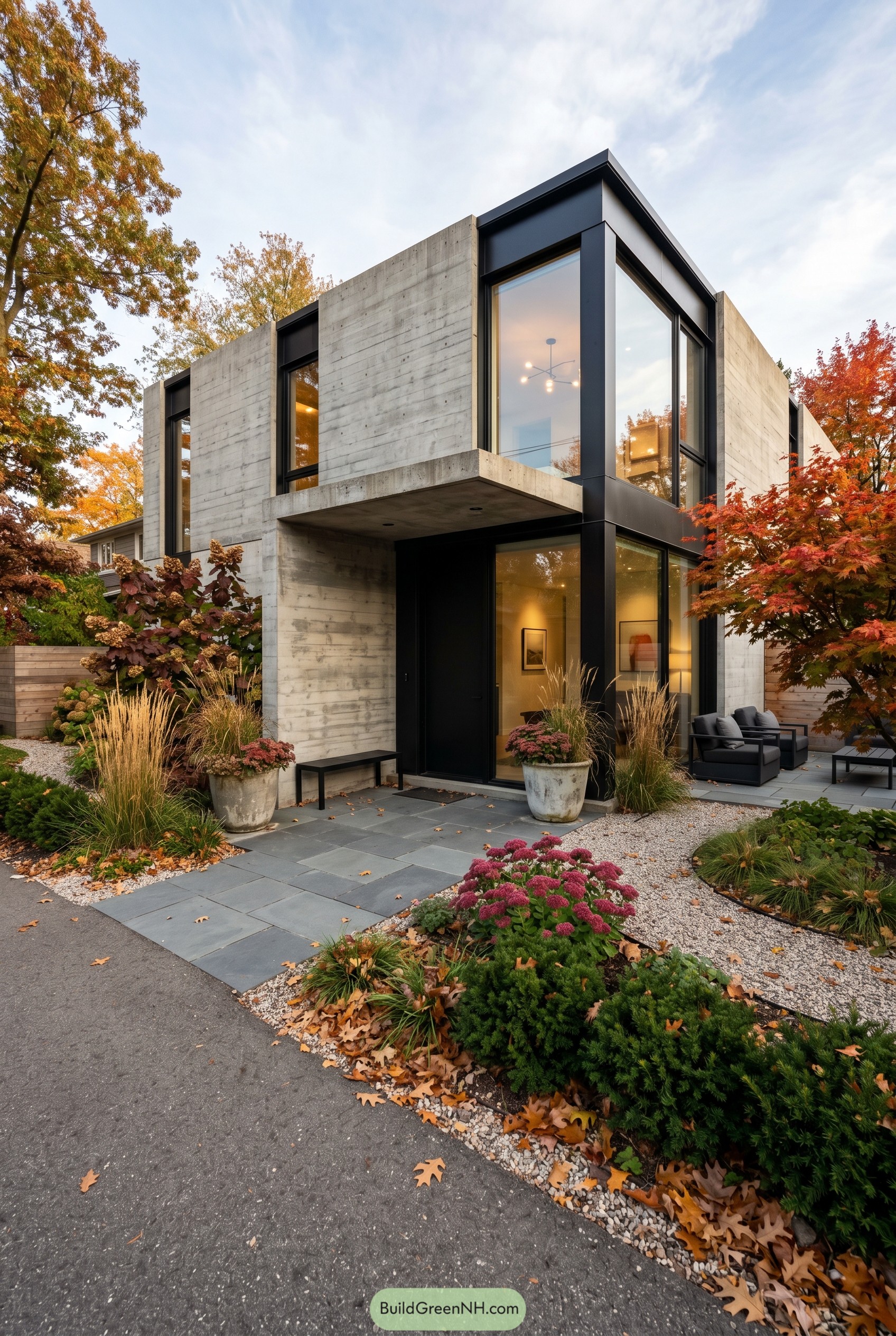 Concrete brutalist home with autumn entry garden