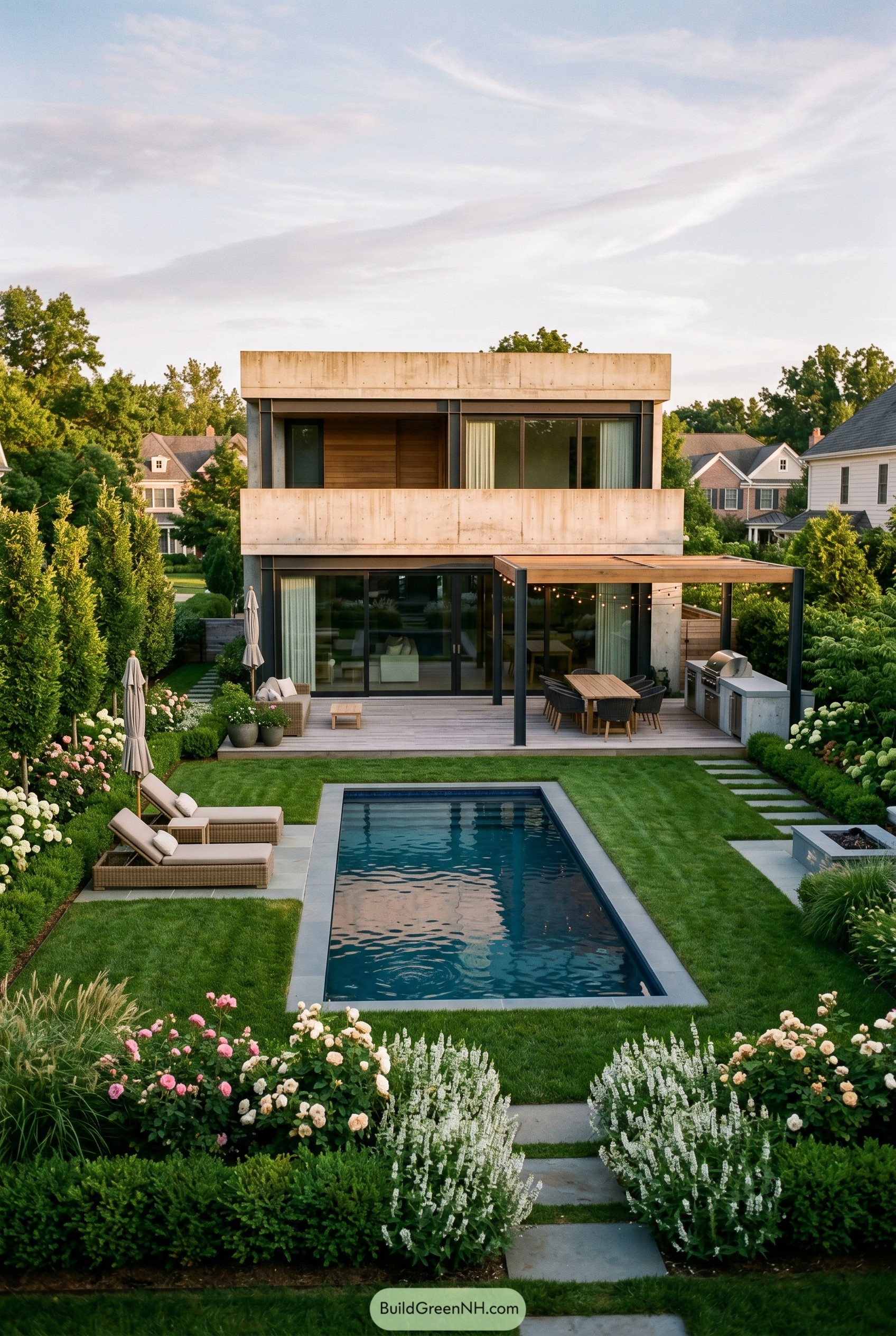 Two story concrete house with garden pool and pergola