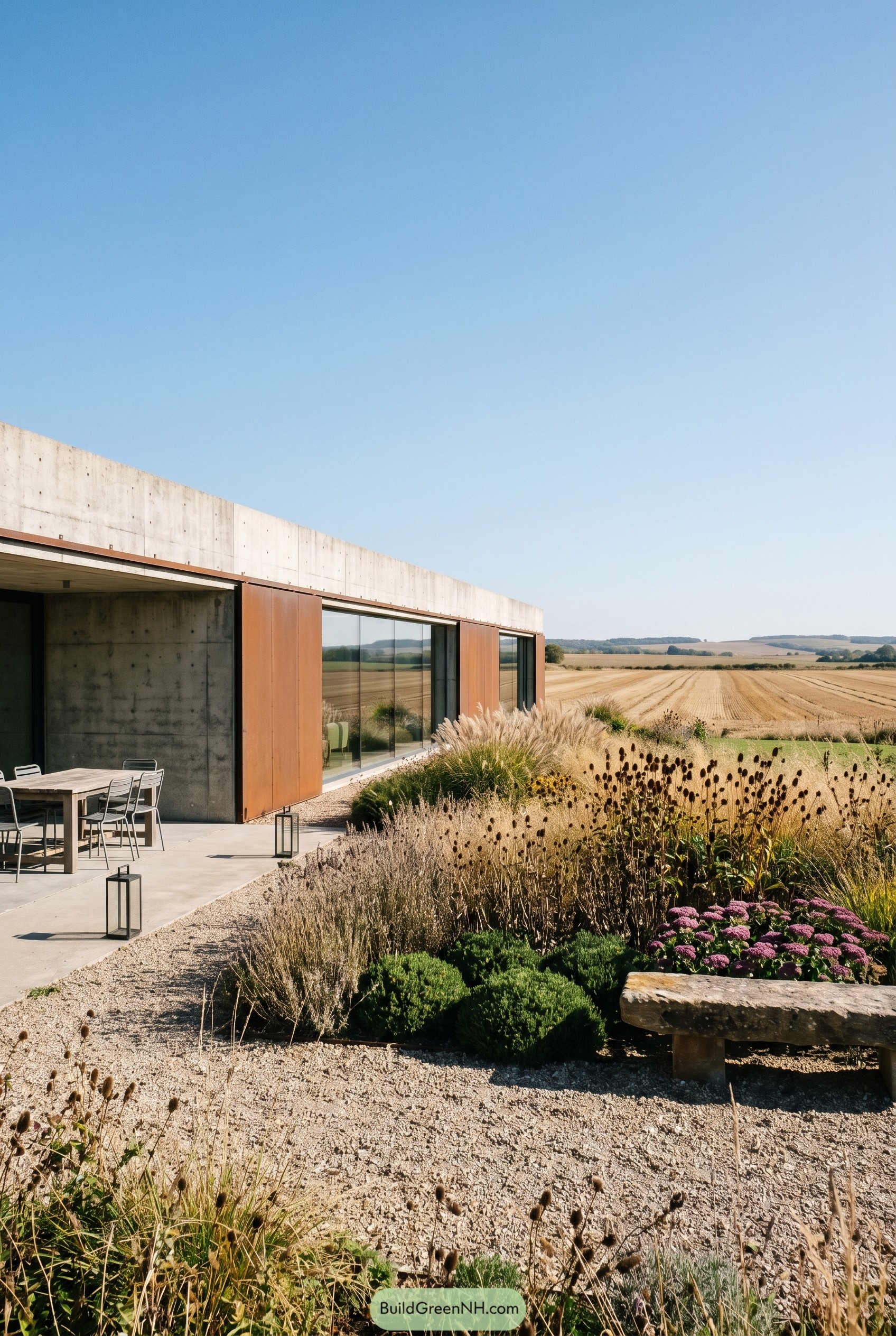 Low concrete house with gravel meadow garden