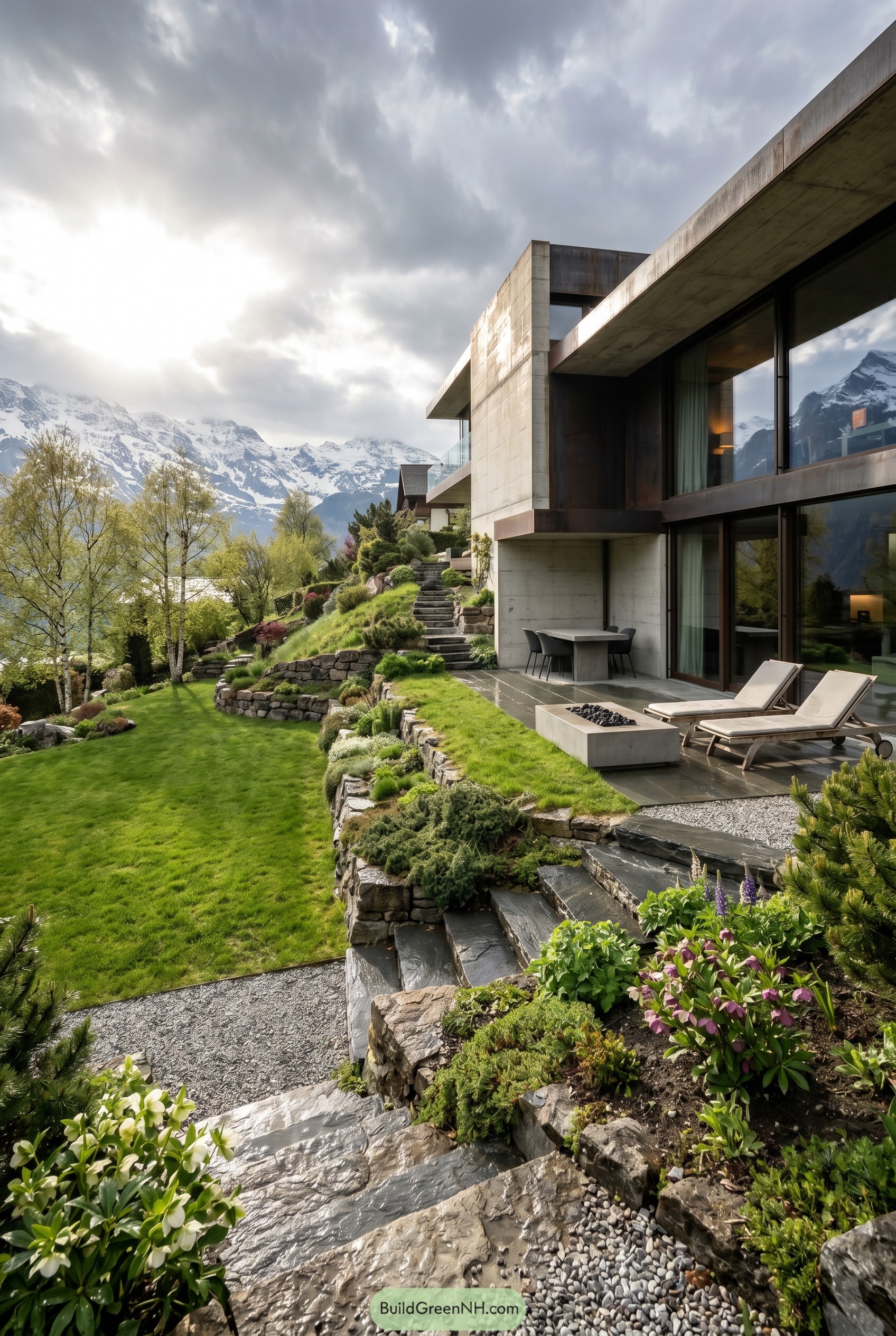 Brutalist hillside home with terraced alpine garden