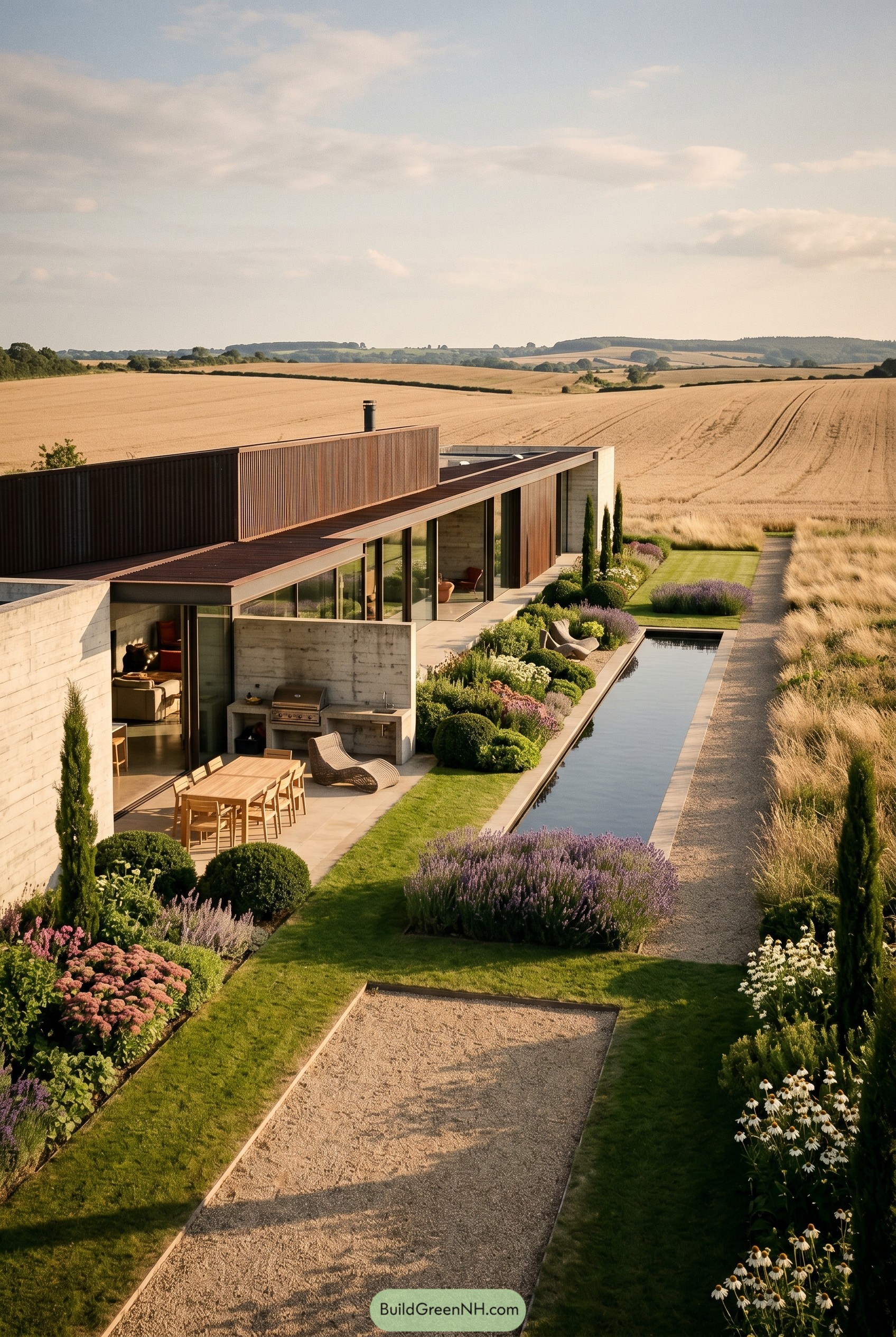 Linear brutalist house with reflecting pool and lavender beds