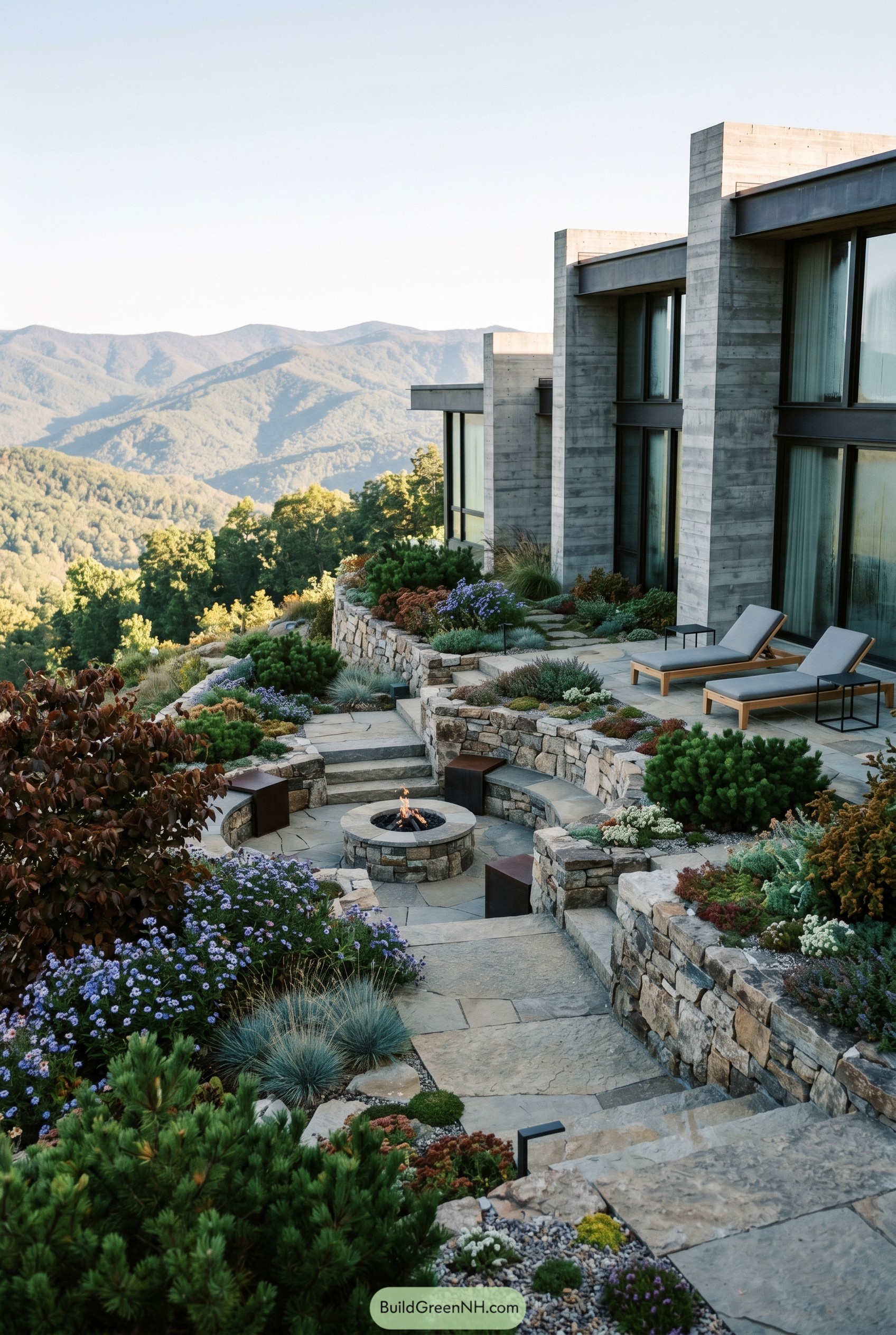 Brutalist mountain house with terraced stone garden
