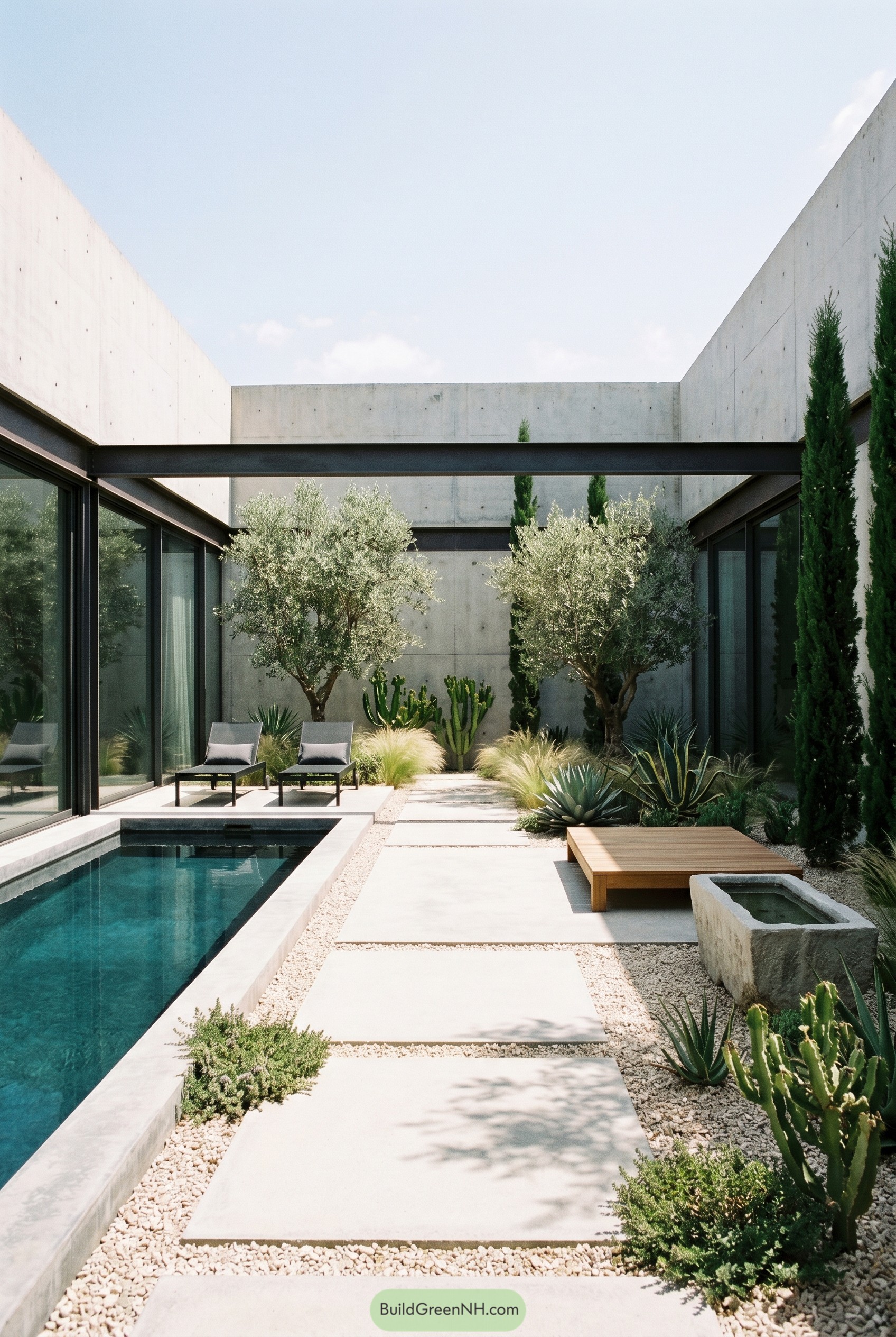 Concrete courtyard with plunge pool and xeriscape