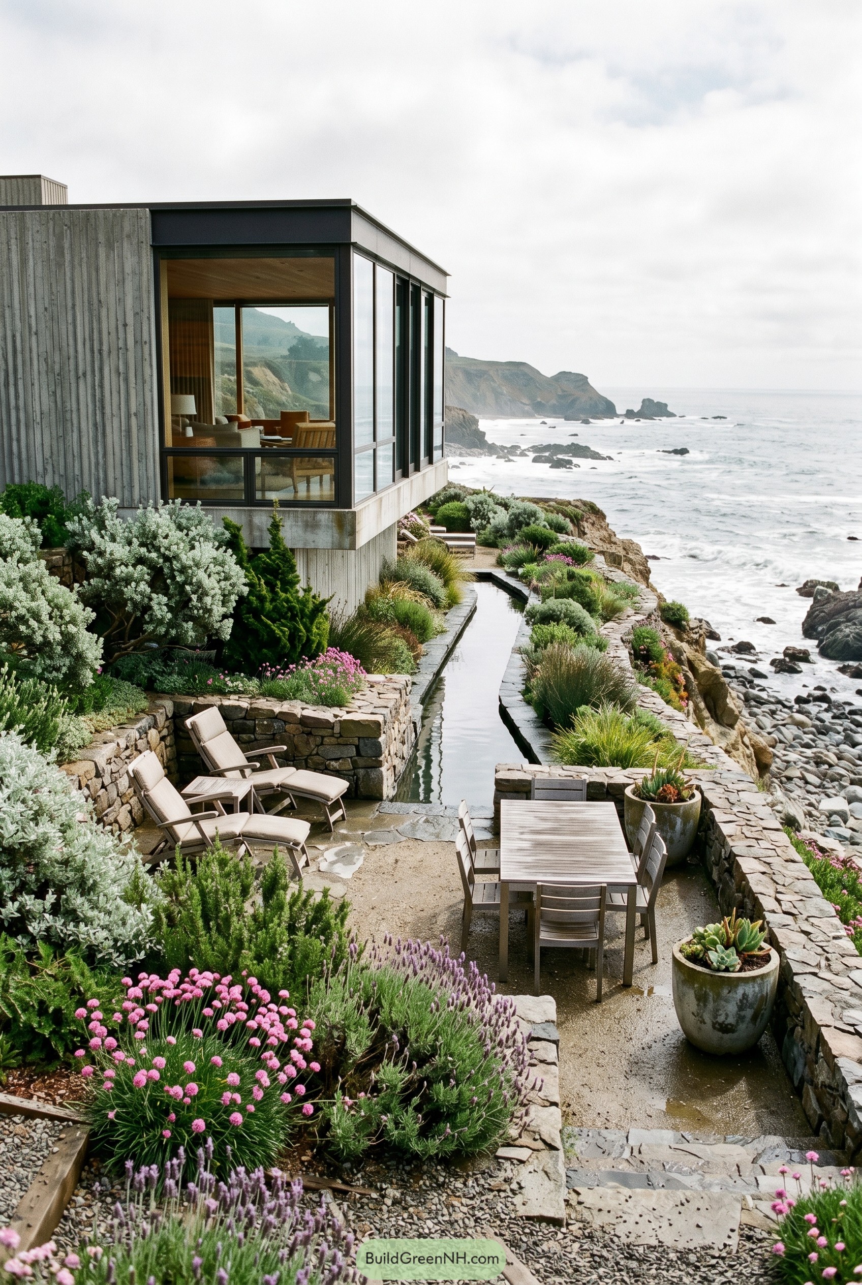 Brutalist cliff house with terraced coastal garden and reflecting channel
