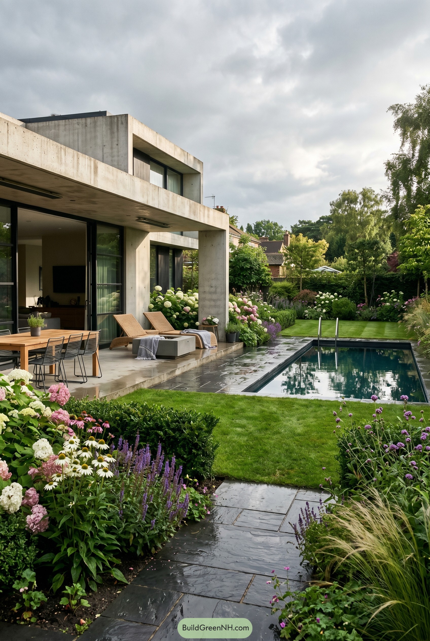 Brutalist concrete house with pool and flower garden