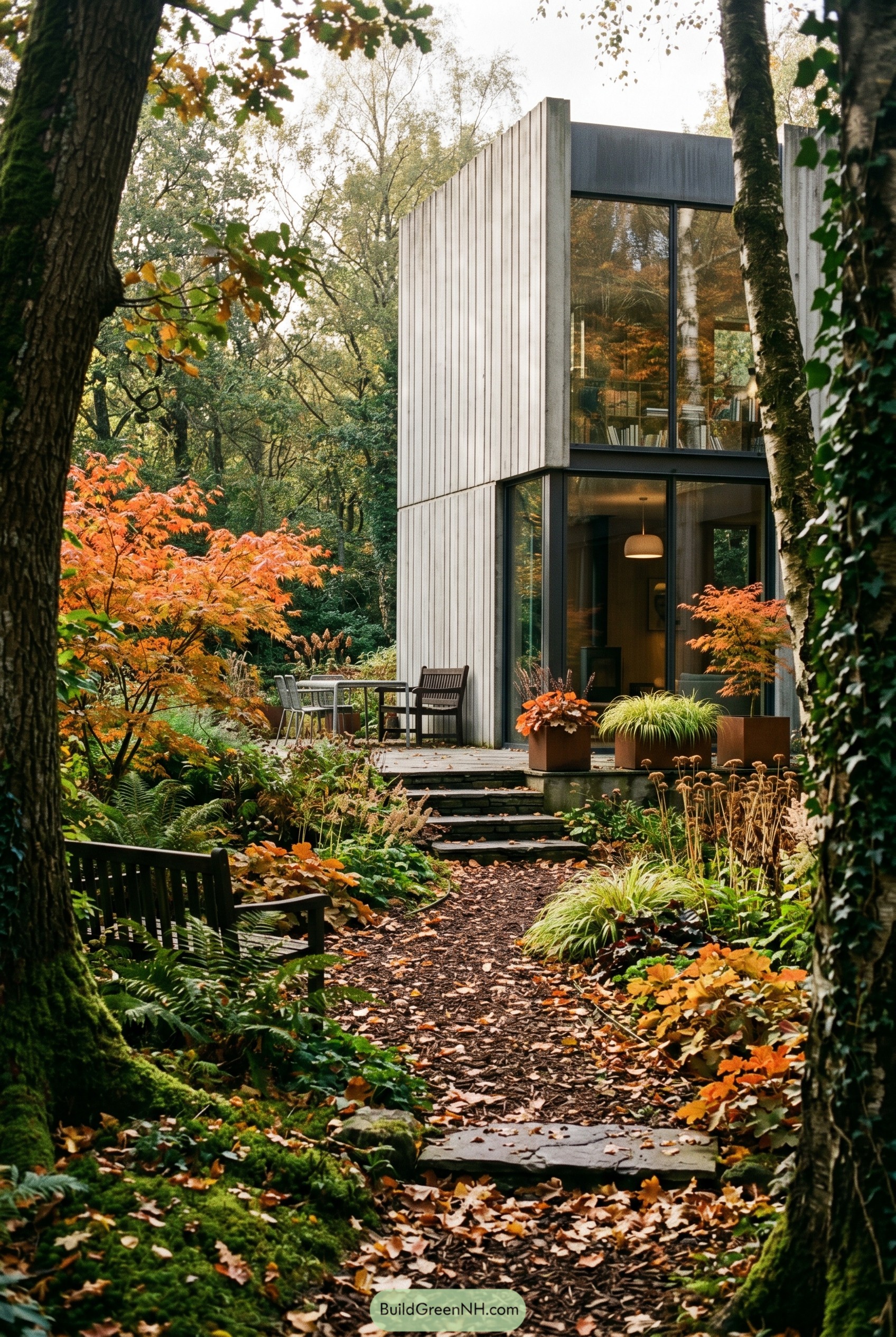 Tall woodland house with autumn garden