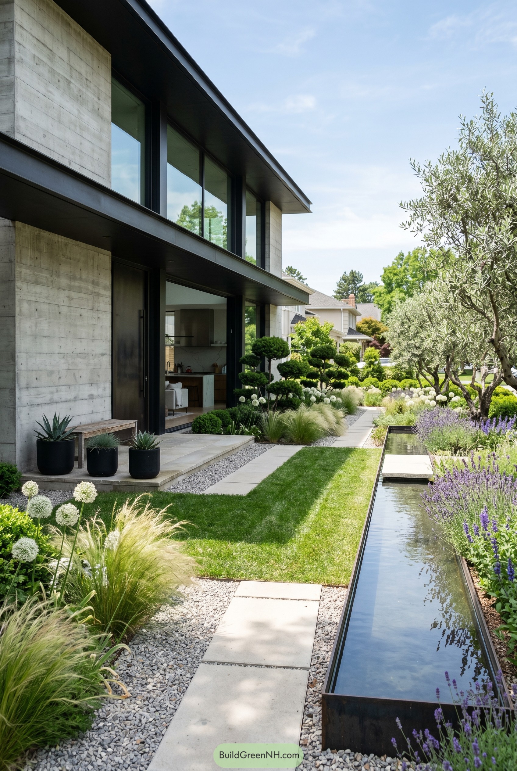Brutalist concrete house with reflecting pool garden