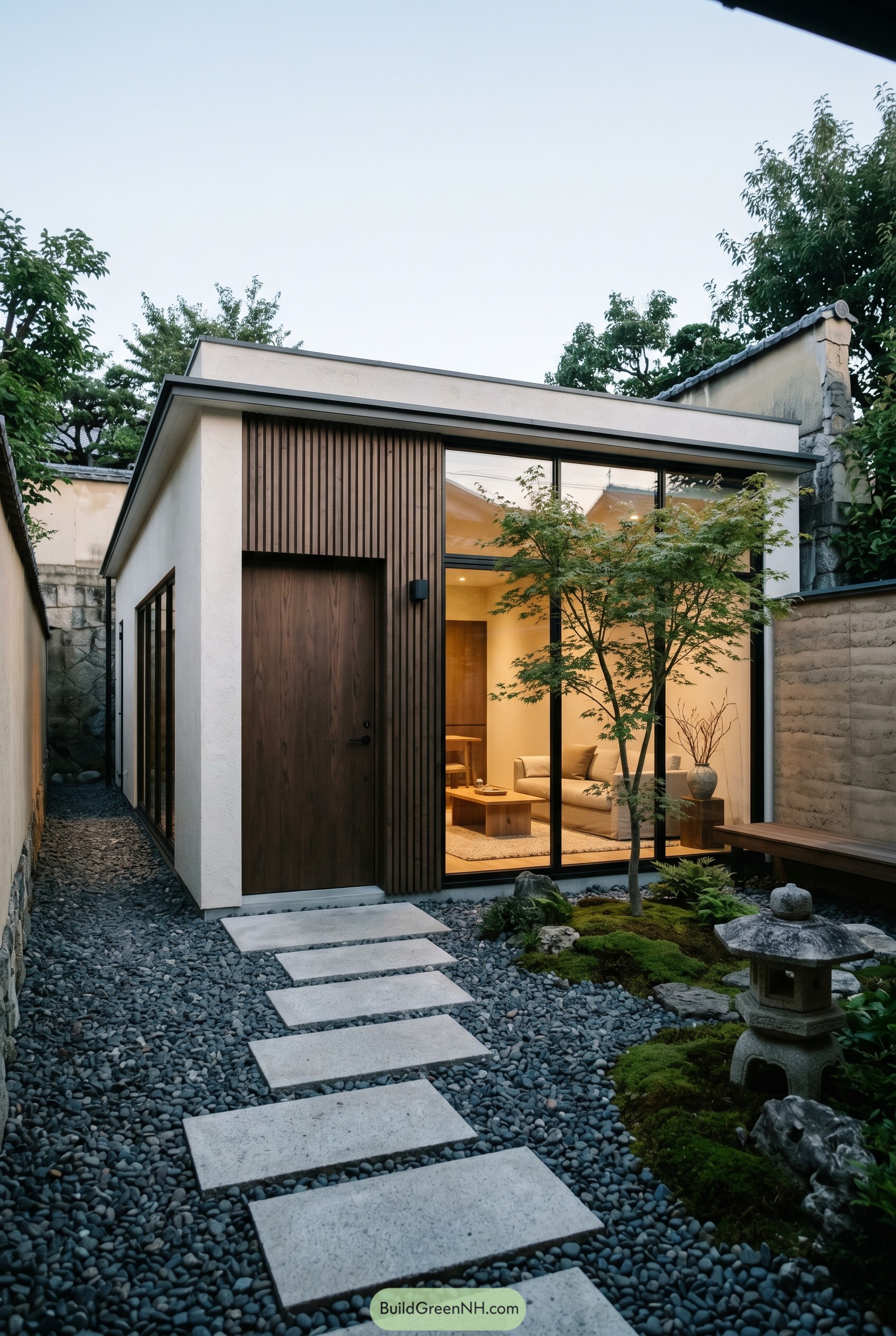 Compact Japandi house with moss garden courtyard