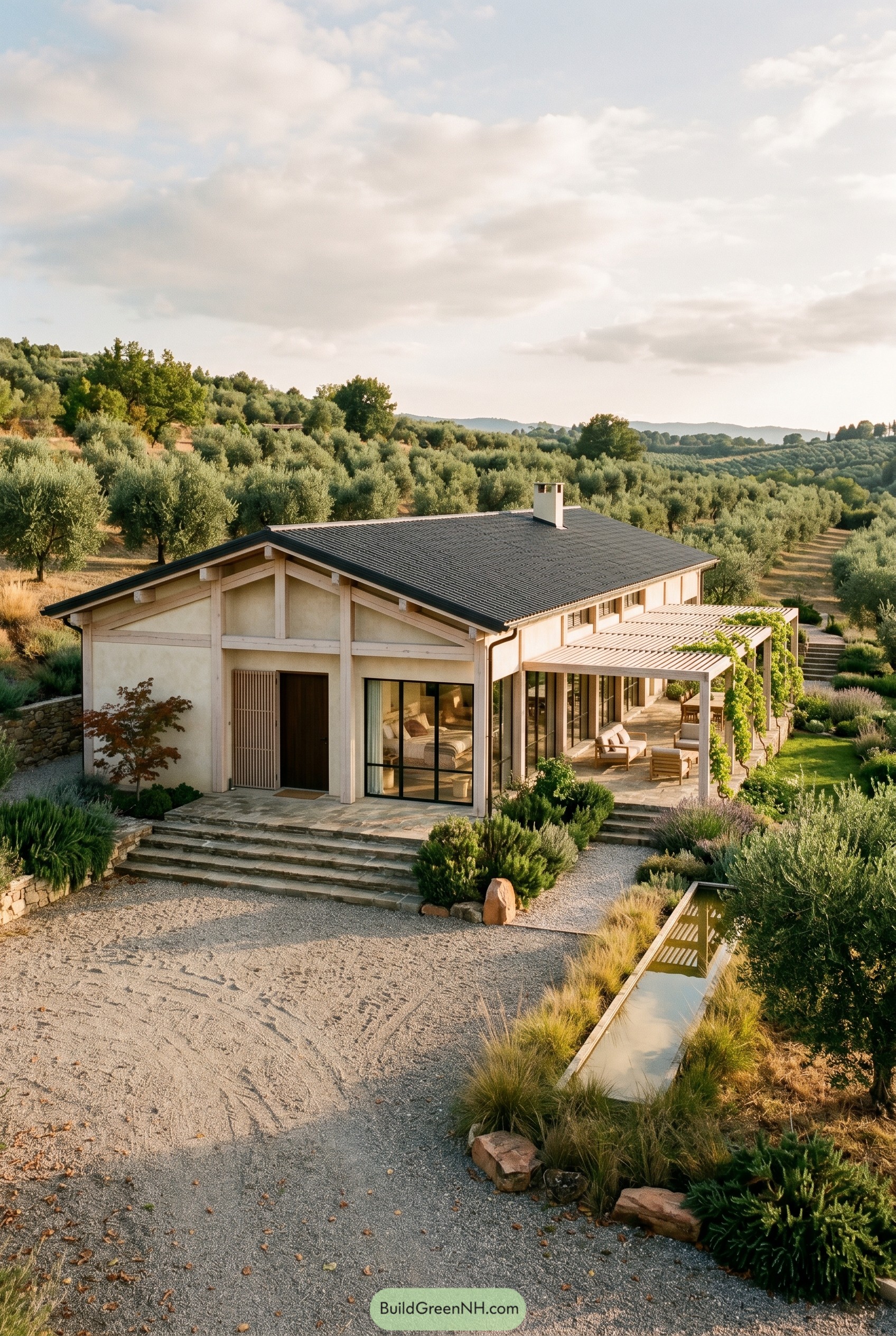 Japandi villa with pergola in olive grove