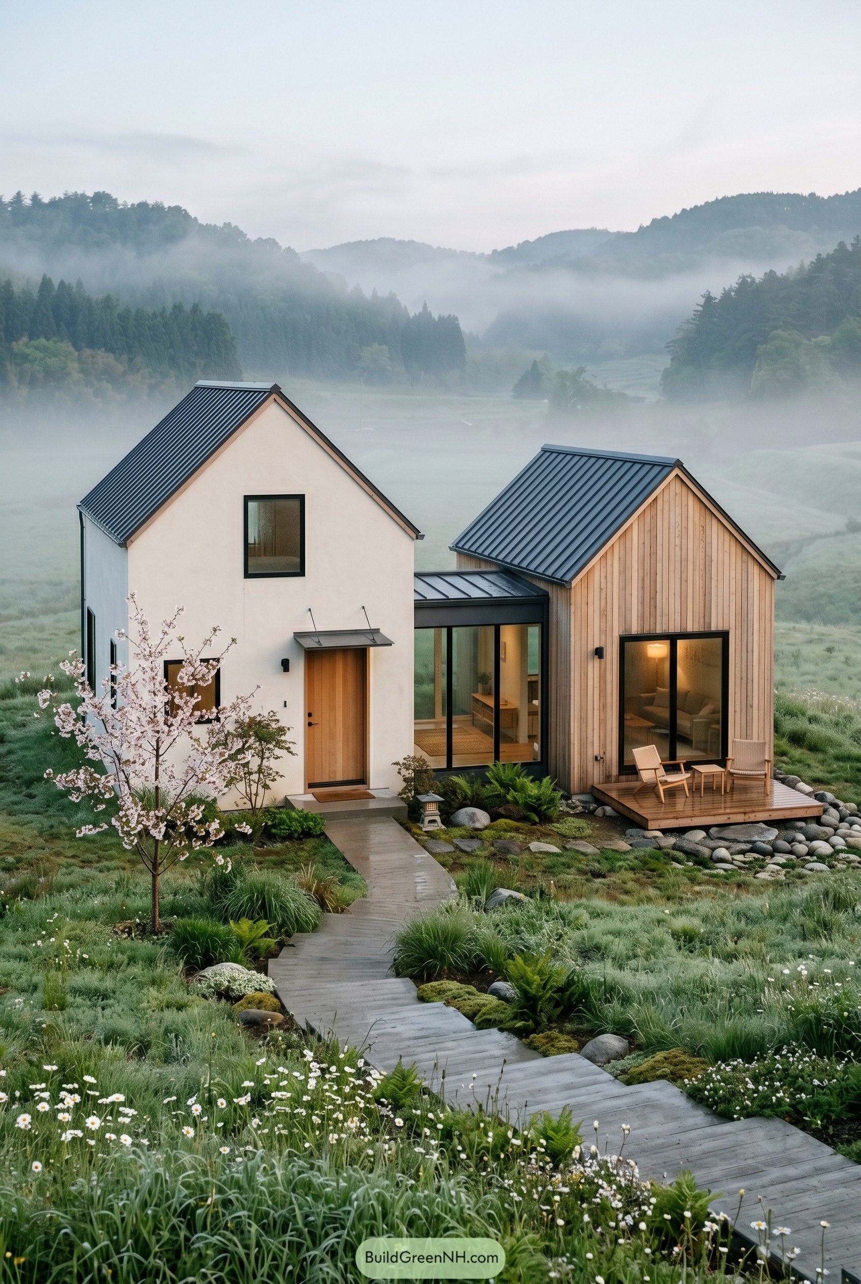 Japandi twin gable cottage in a misty meadow