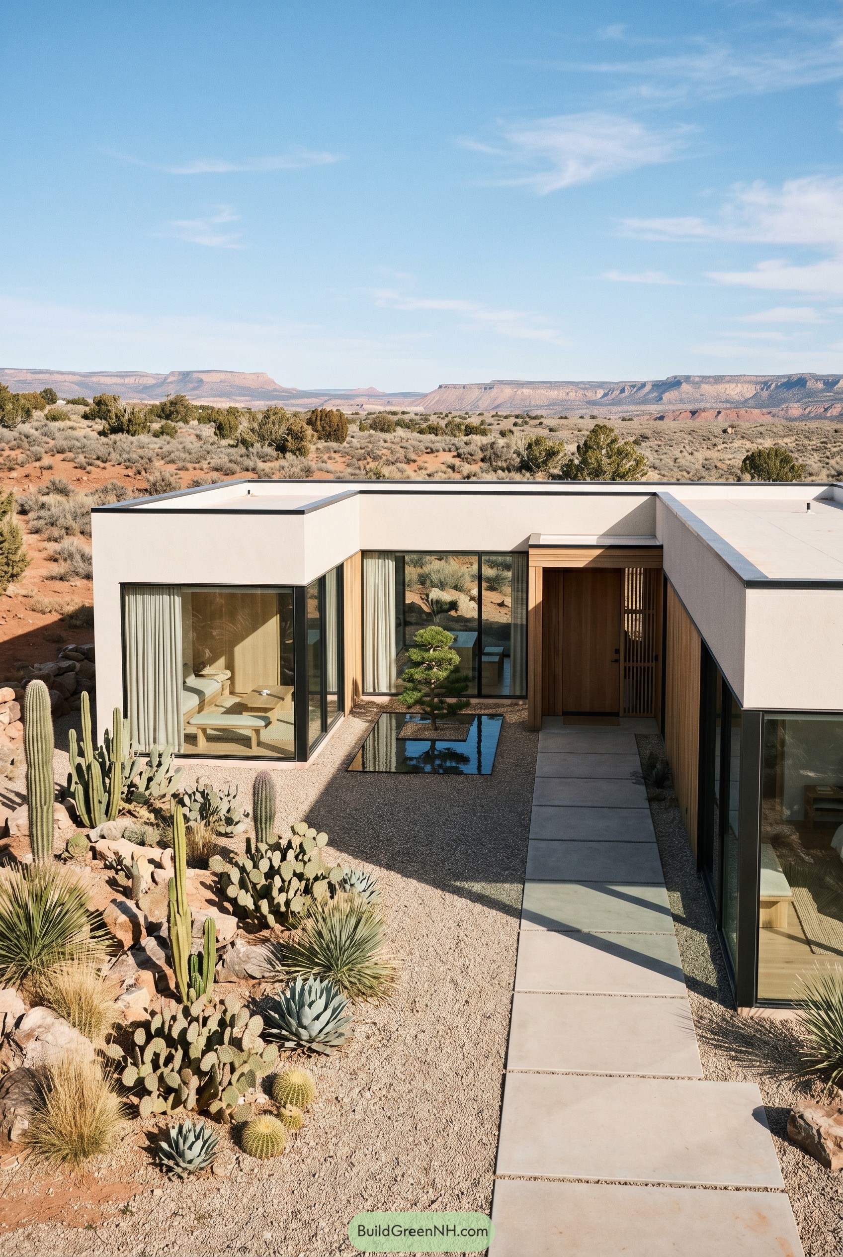Japandi desert house with courtyard and reflecting pool