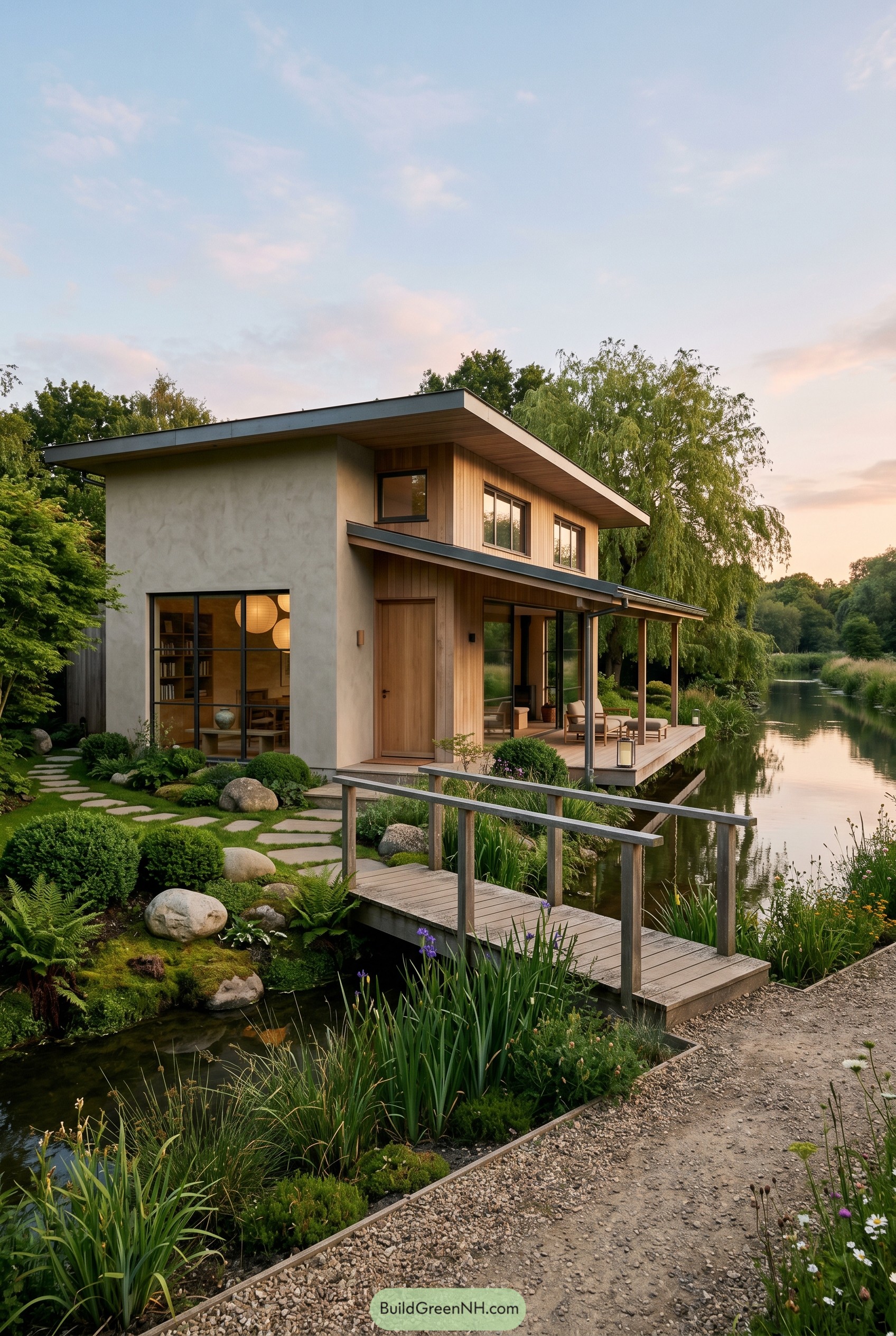 Modern Japandi home beside a calm creek