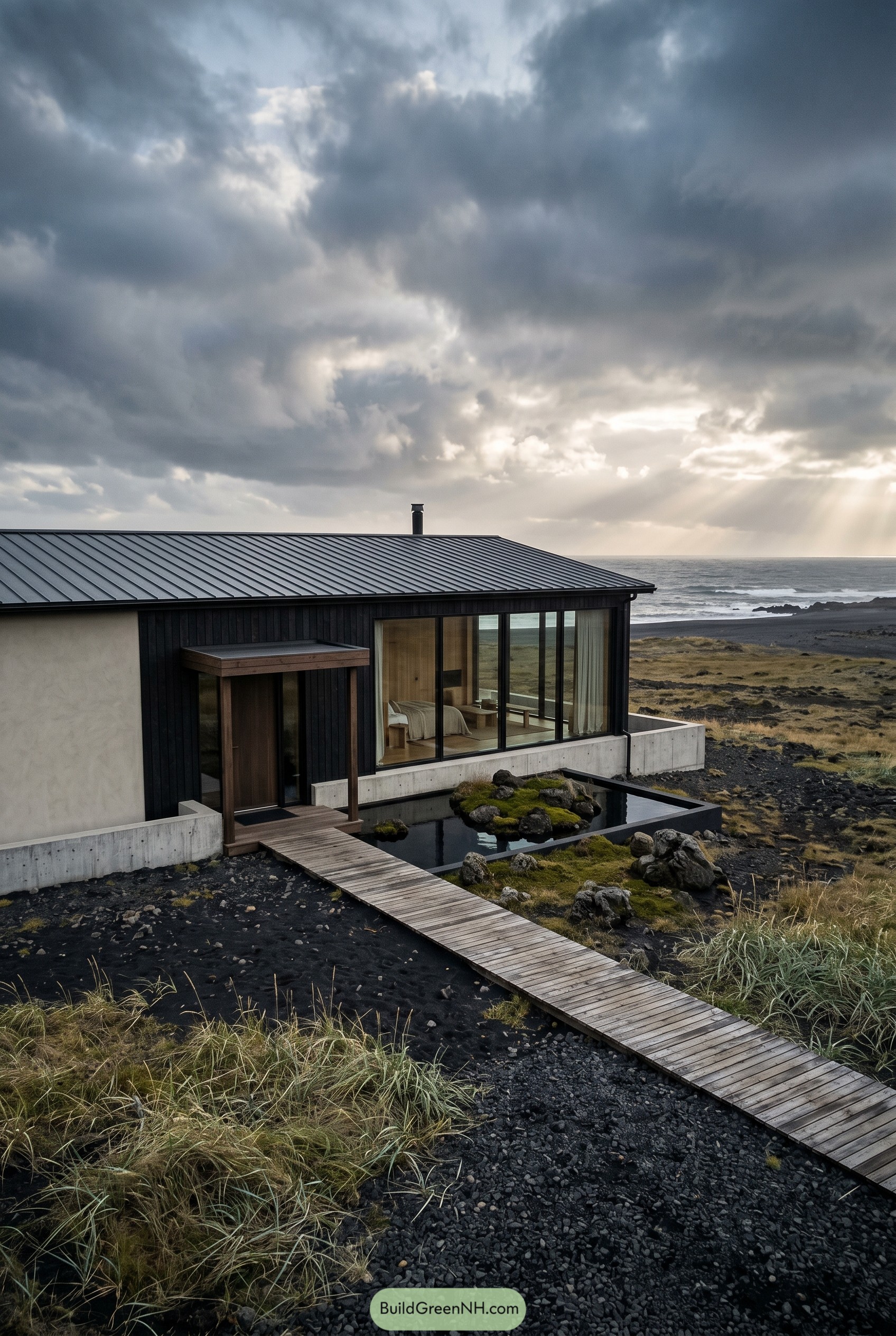 Japandi coastal house on black sand by the sea