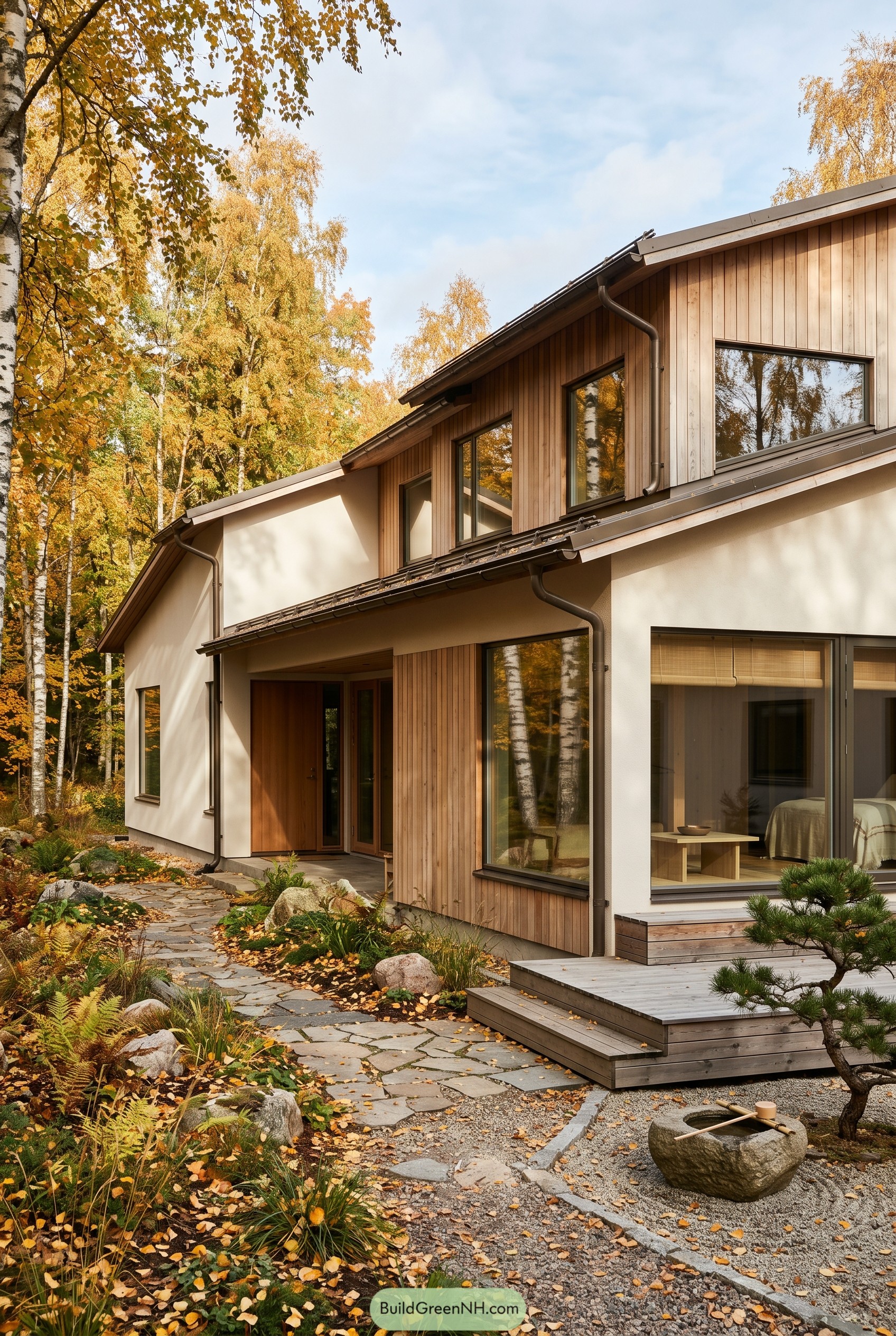 Japandi house with wood cladding in an autumn birch grove