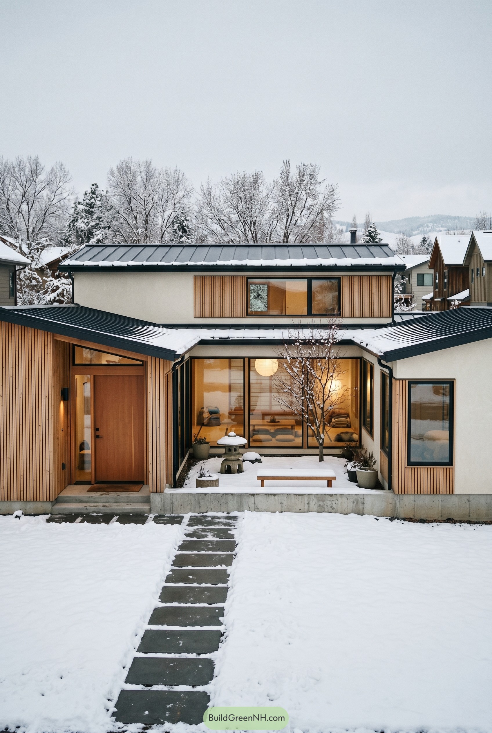 Snowy Japandi home with cedar courtyard