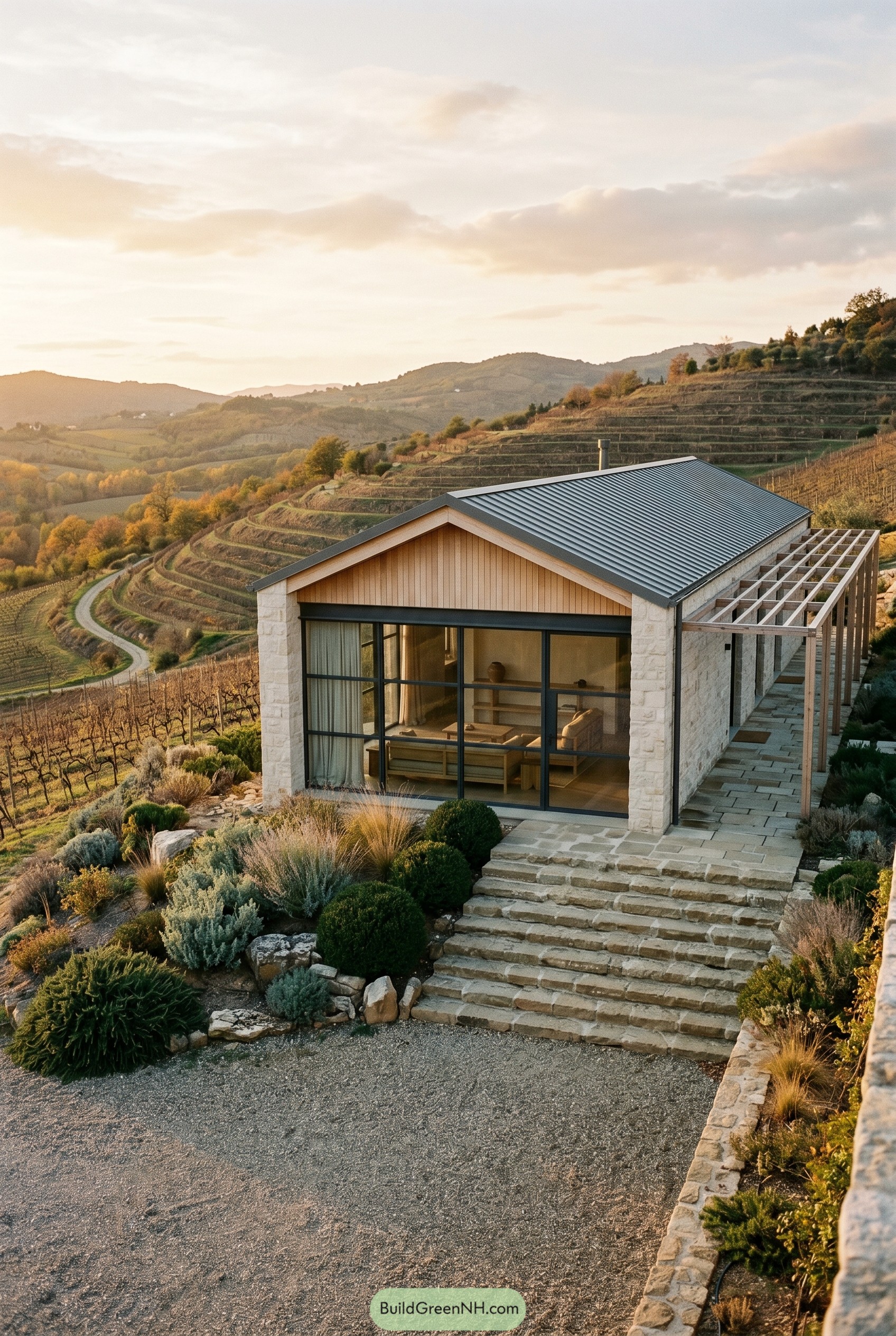 Small Japandi house on terraced vineyard hillside
