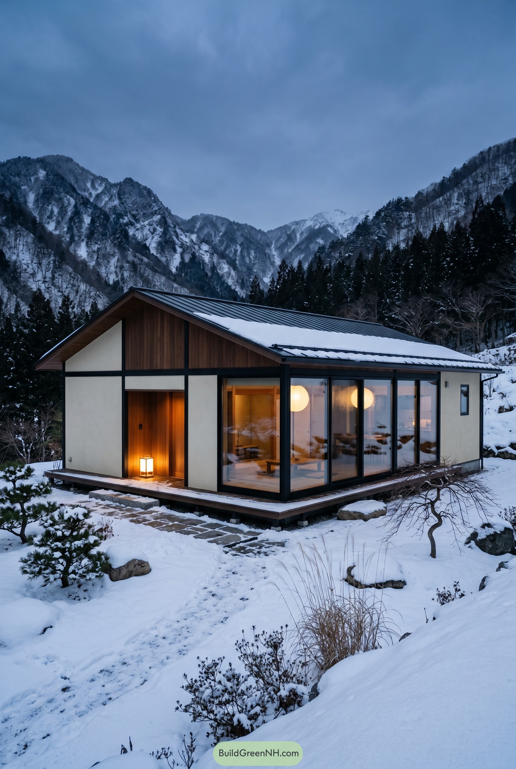 Japandi house in a snowy mountain valley