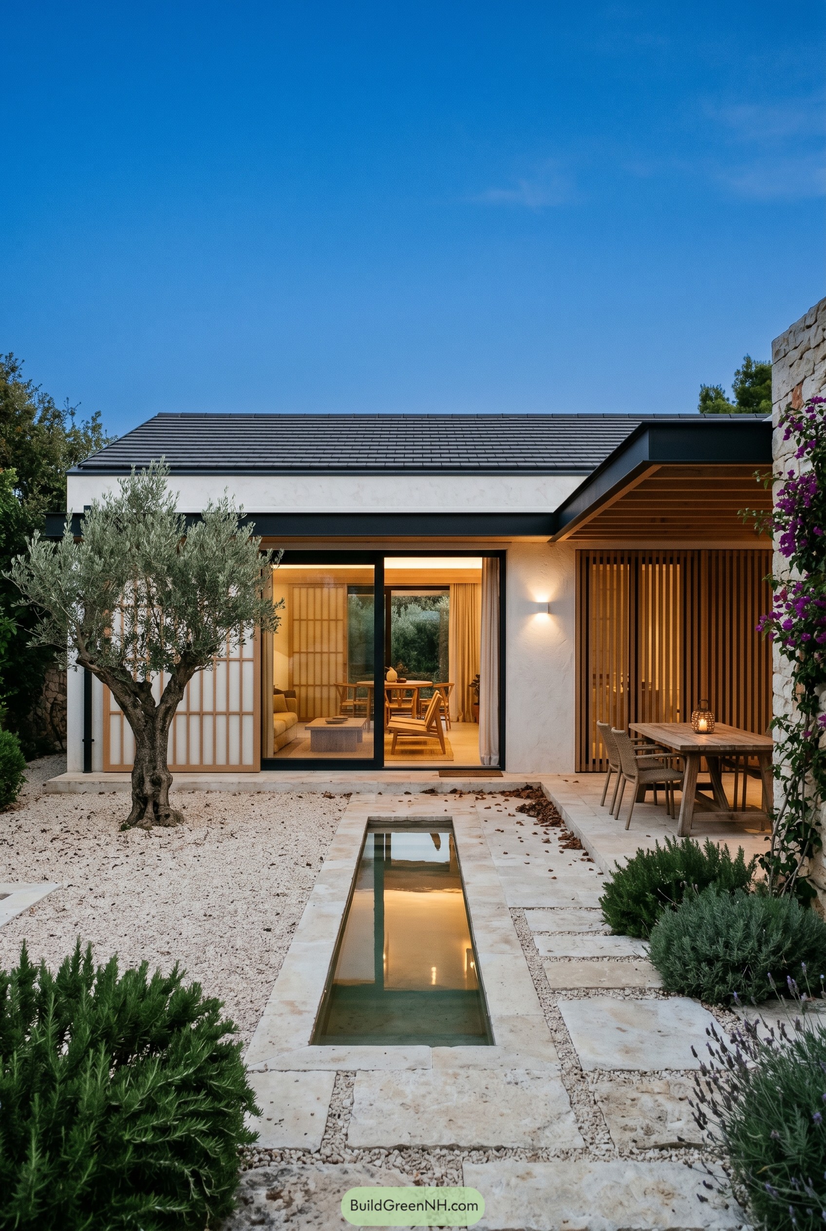 Japandi courtyard house with reflecting pool and olive tree