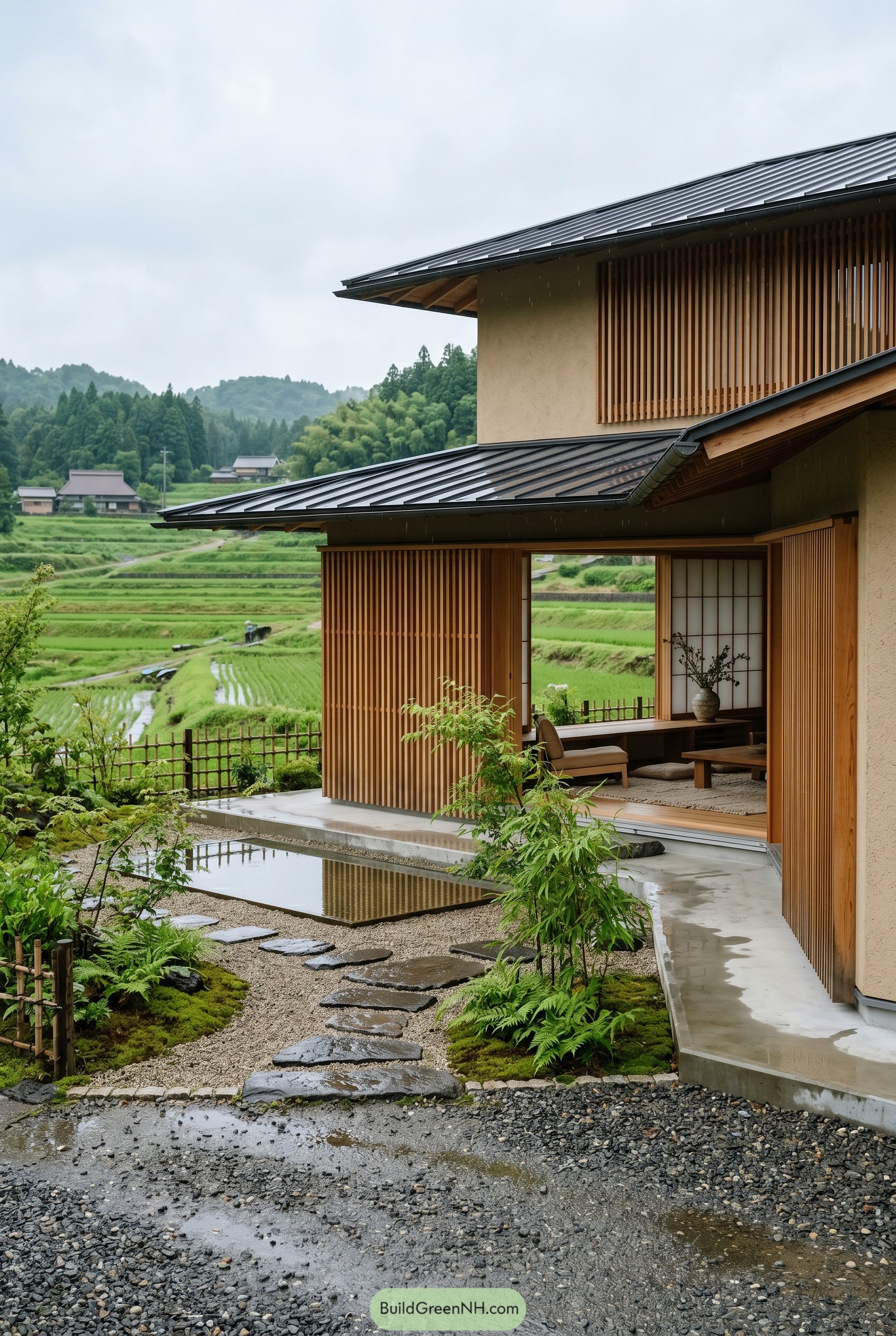 Japandi house with slatted facade by rice fields