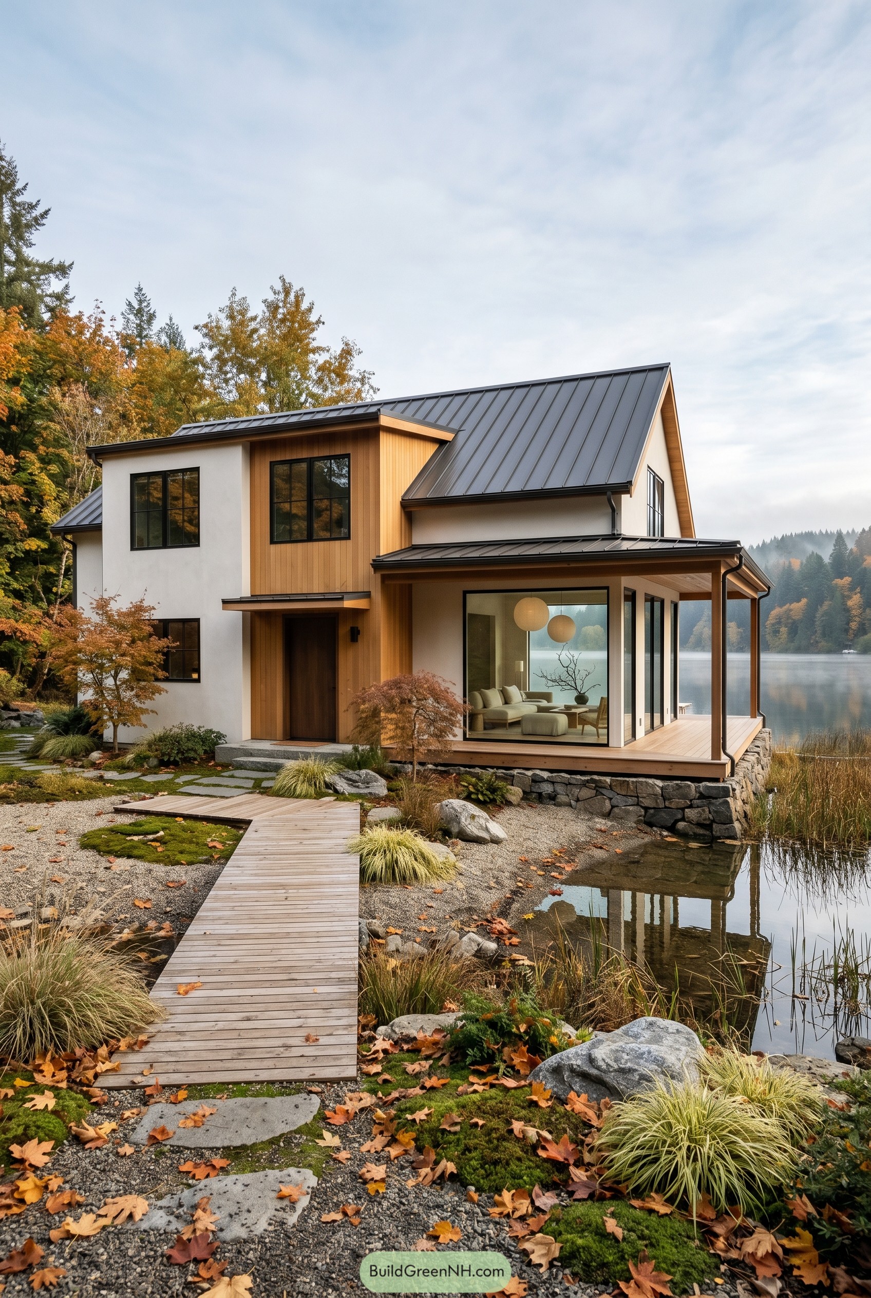 Modern Japandi lakeside home with gabled roof
