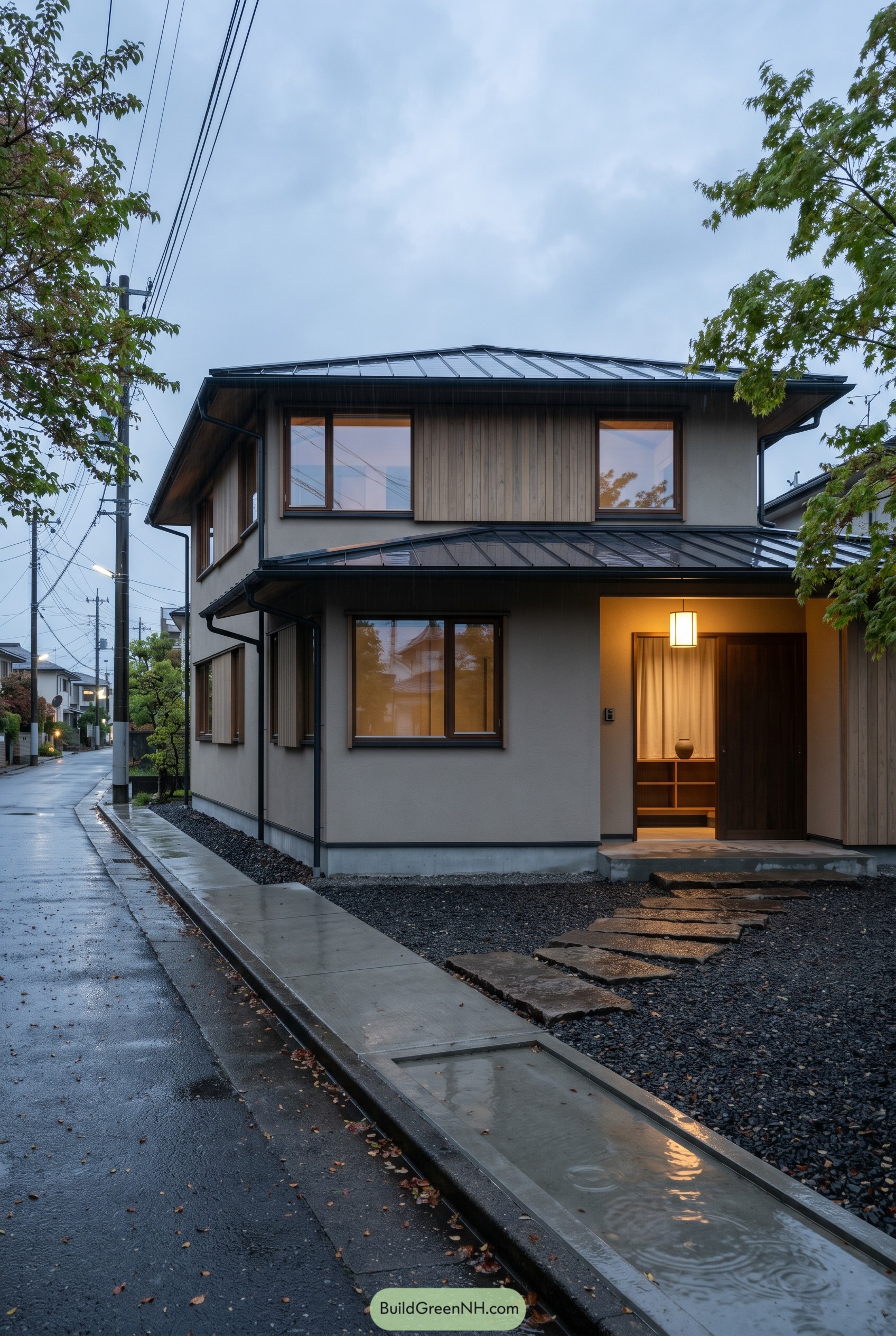 Japandi home with warm entry on wet street