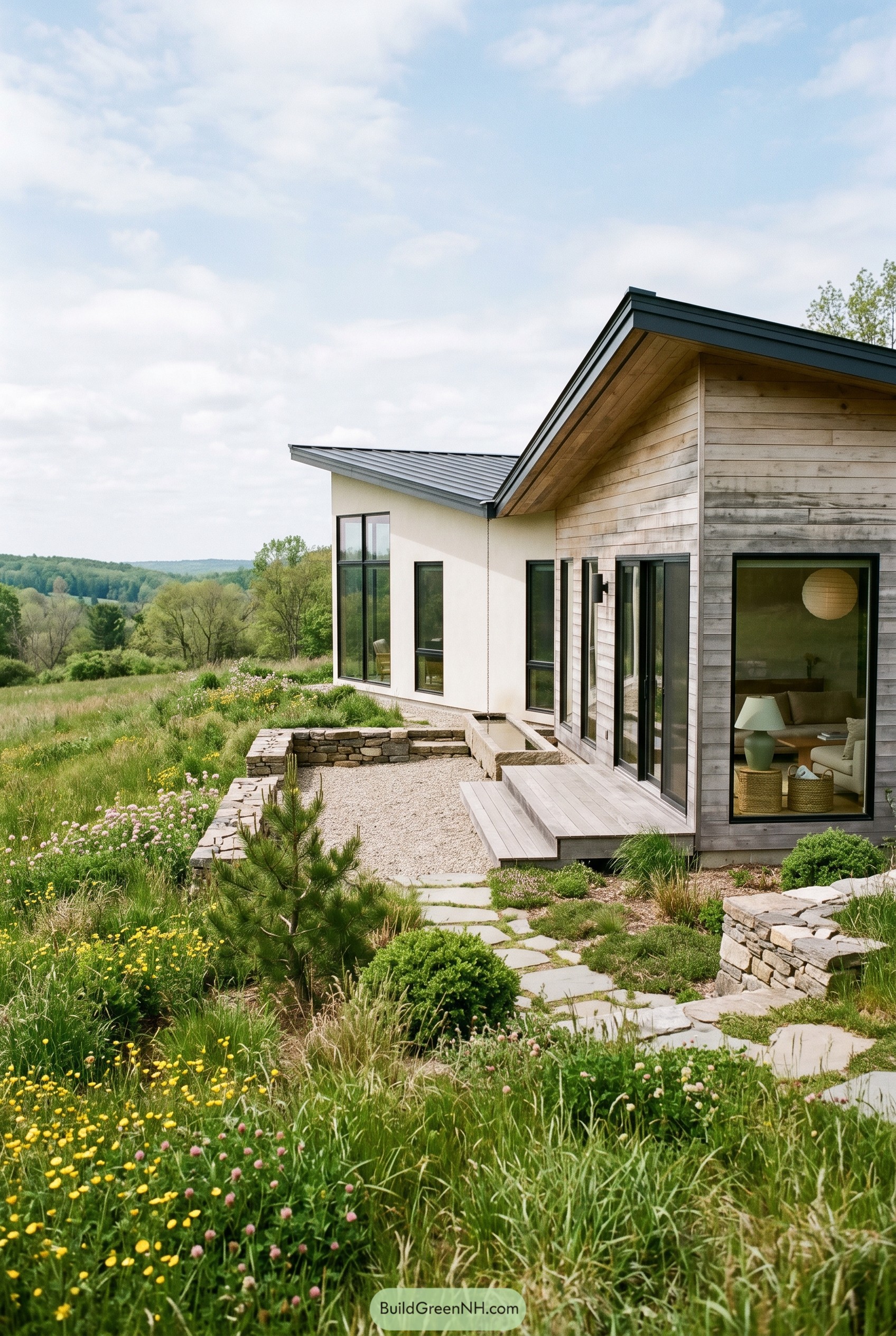 Modern japandi house in a wildflower meadow