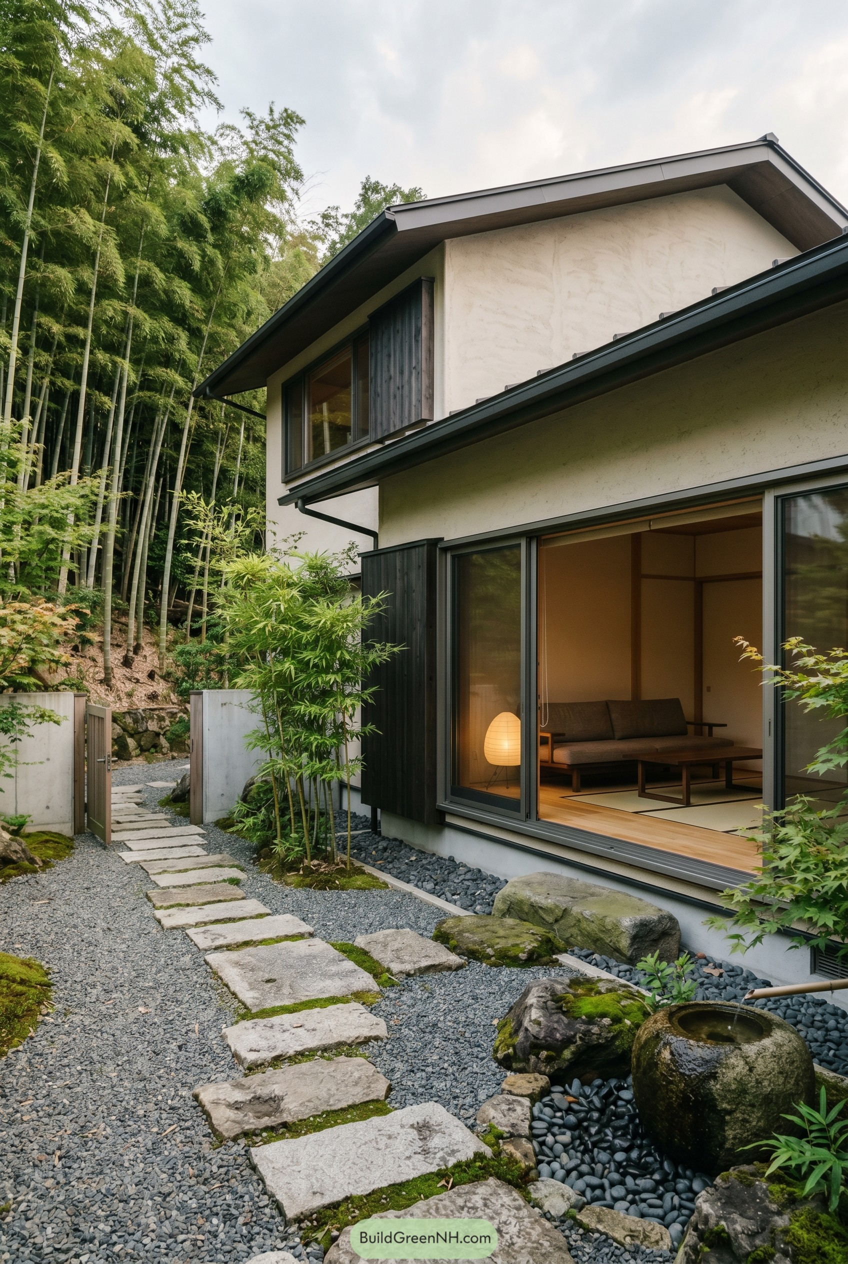Japandi home with bamboo path and tatami room