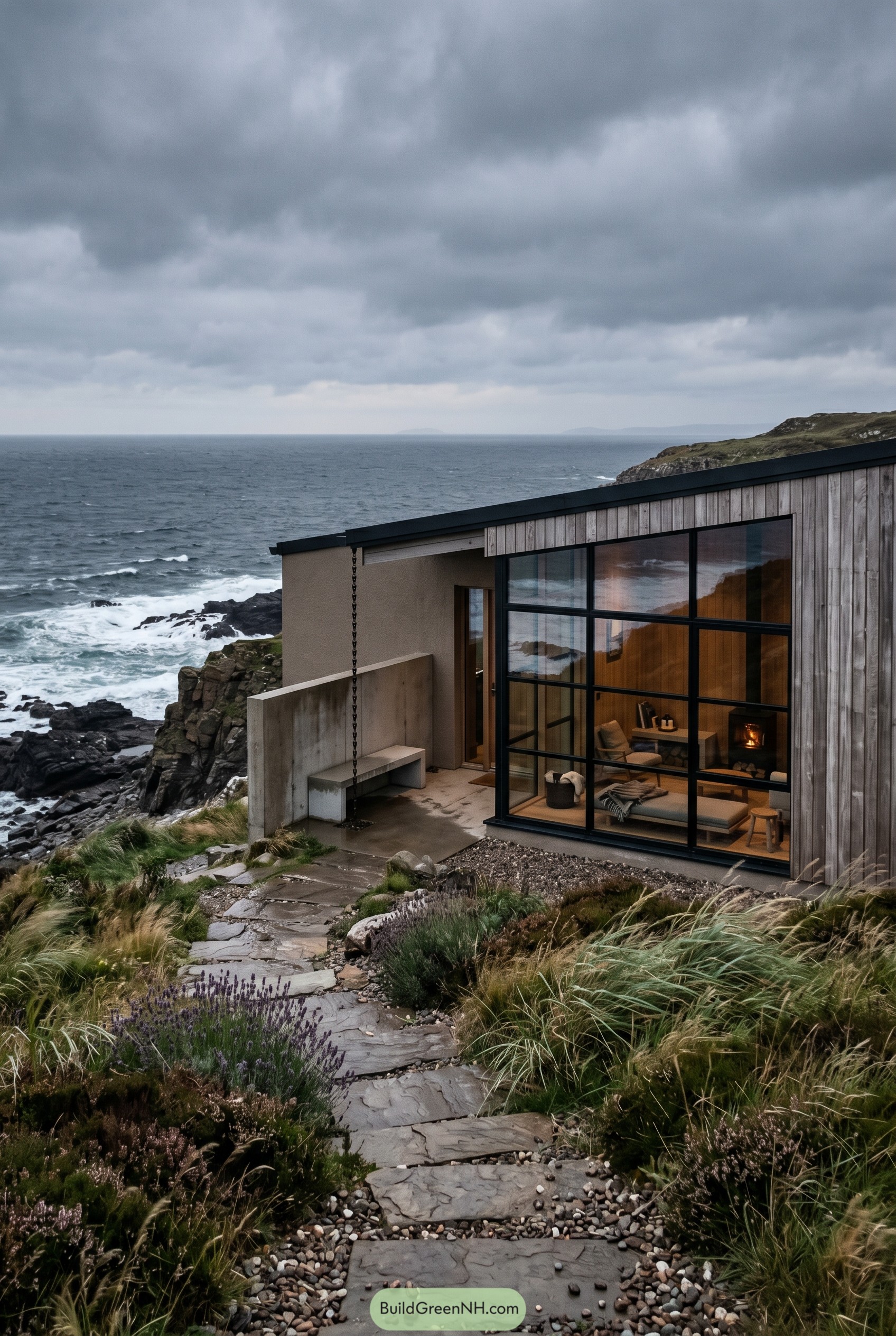 Japandi cabin on a rocky coast