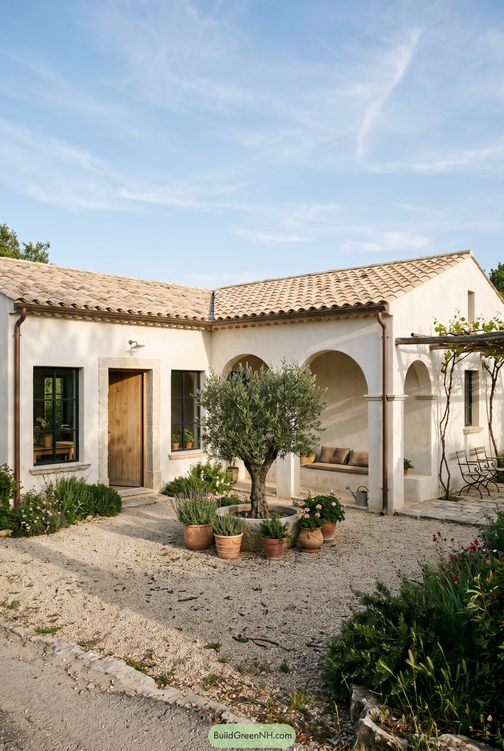 White stucco cottage with arched porch and olive tree courtyard