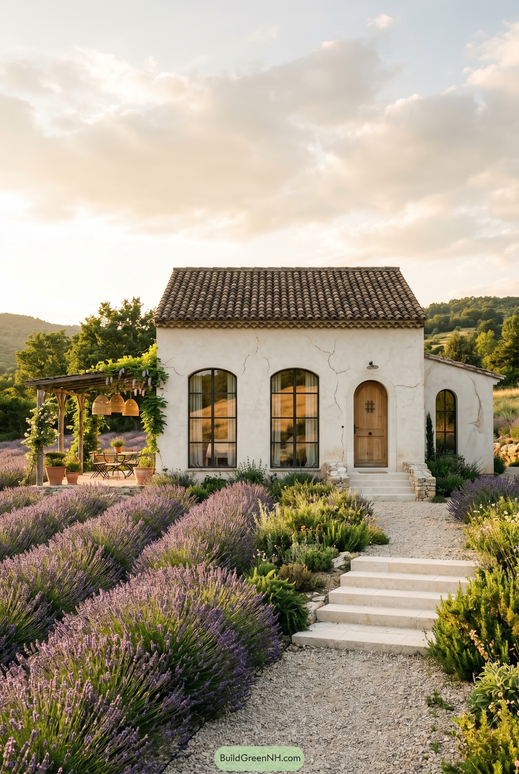 White stucco cottage with lavender garden