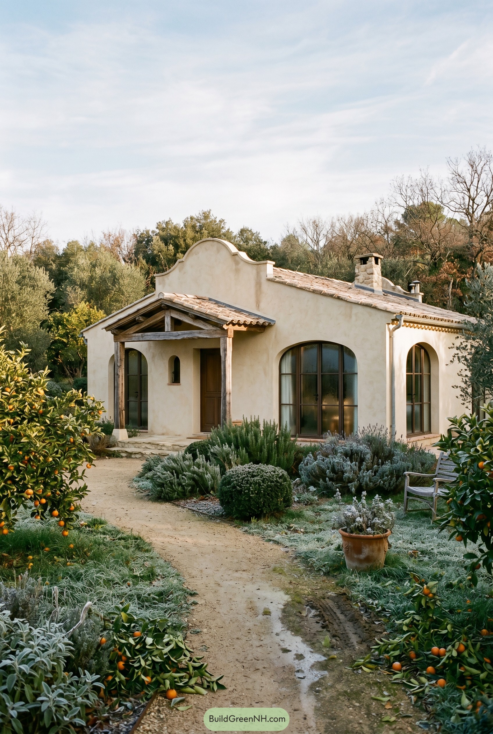 Mediterranean cottage with arched windows and citrus garden