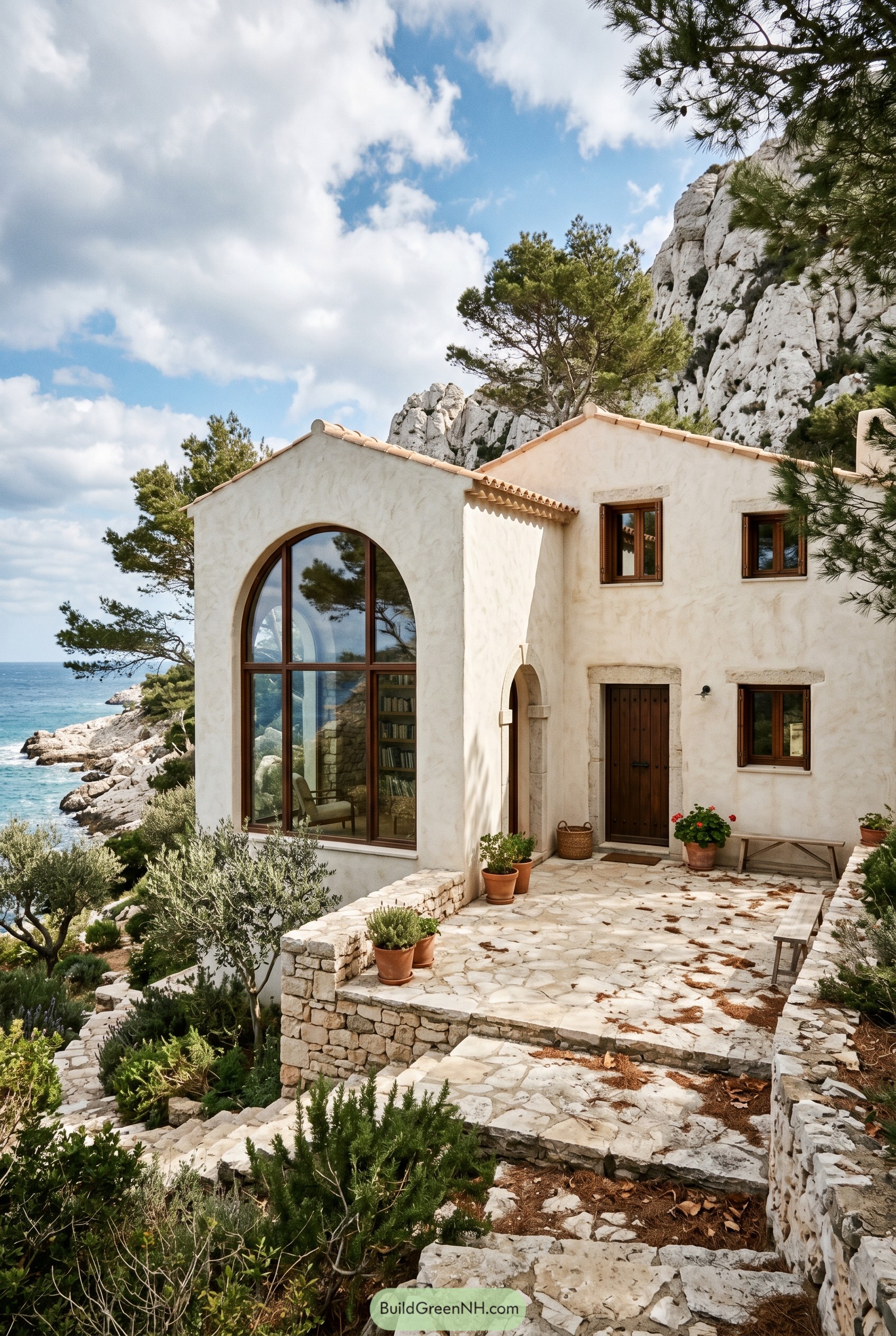 Mediterranean cottage with arched window on rocky coast