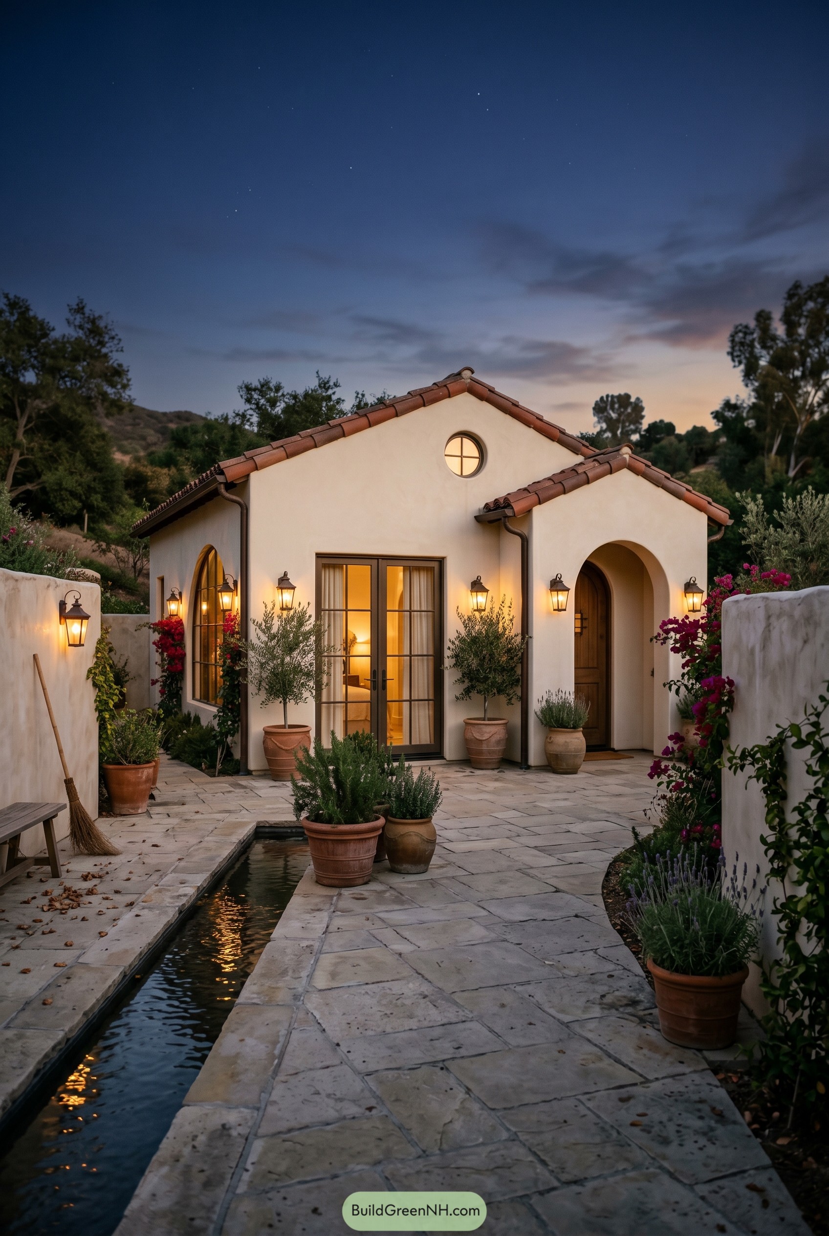 Mediterranean bungalow with arched entry and narrow courtyard canal