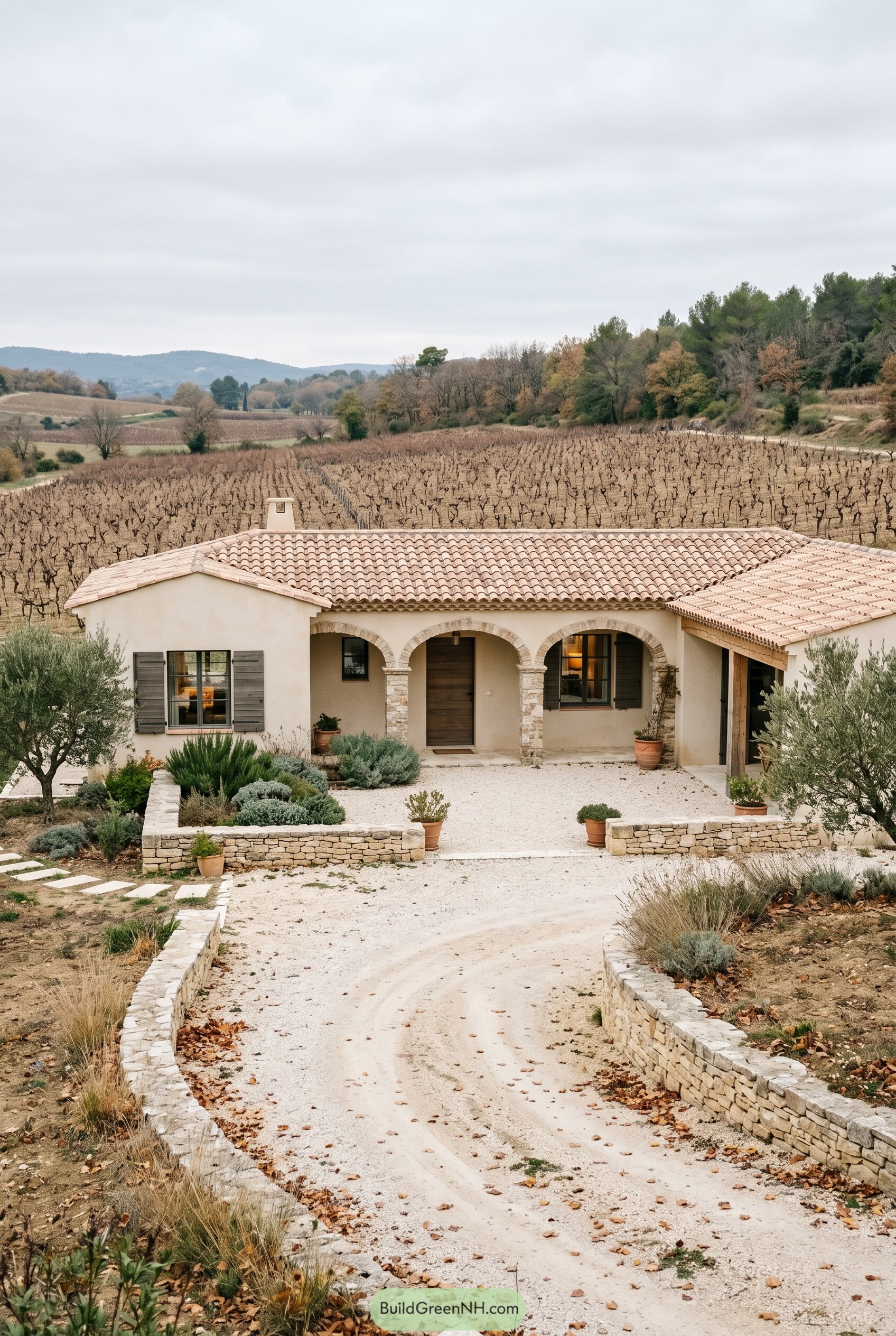 Mediterranean cottage with arched porch by vineyards