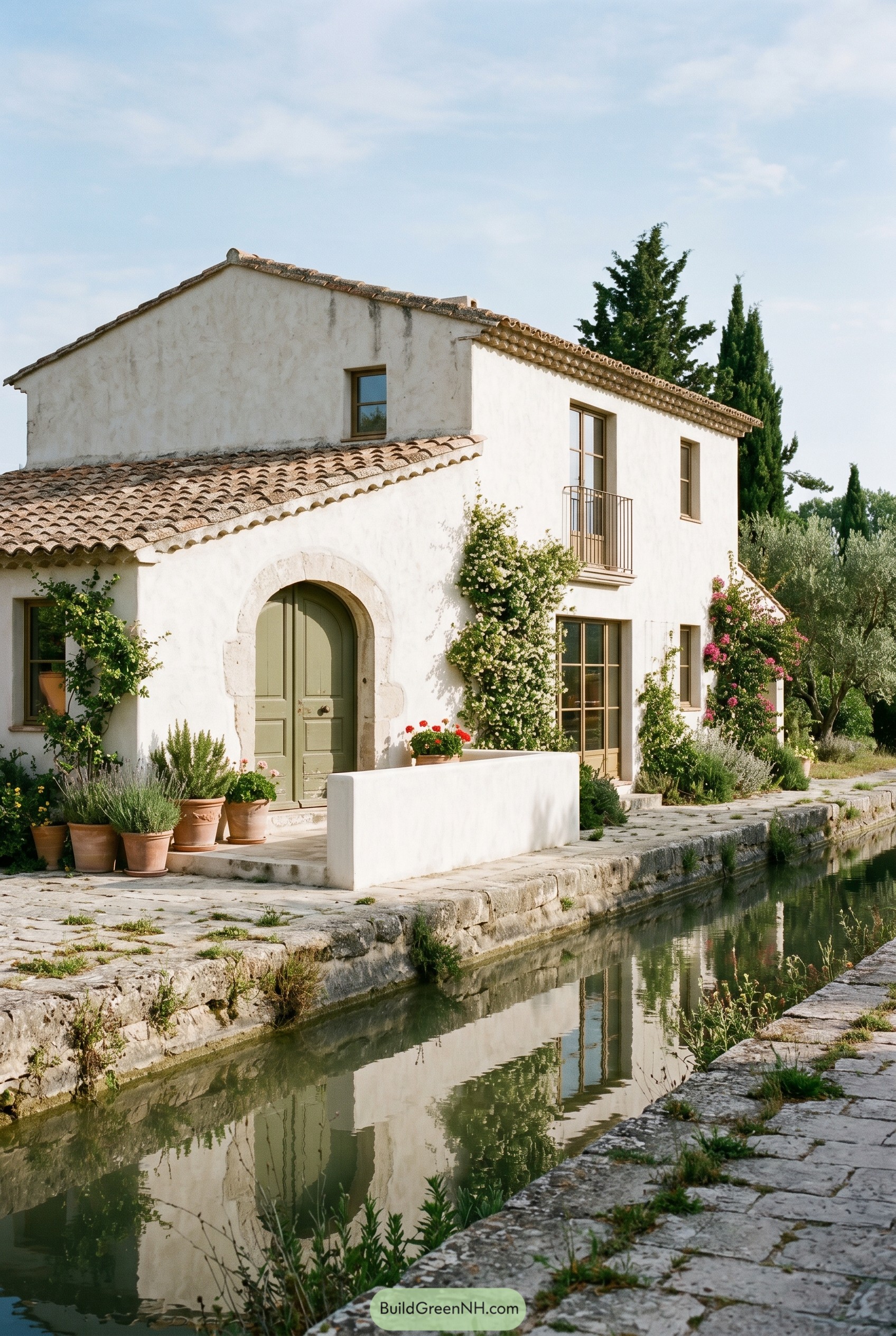 White stucco Mediterranean cottage beside a narrow canal