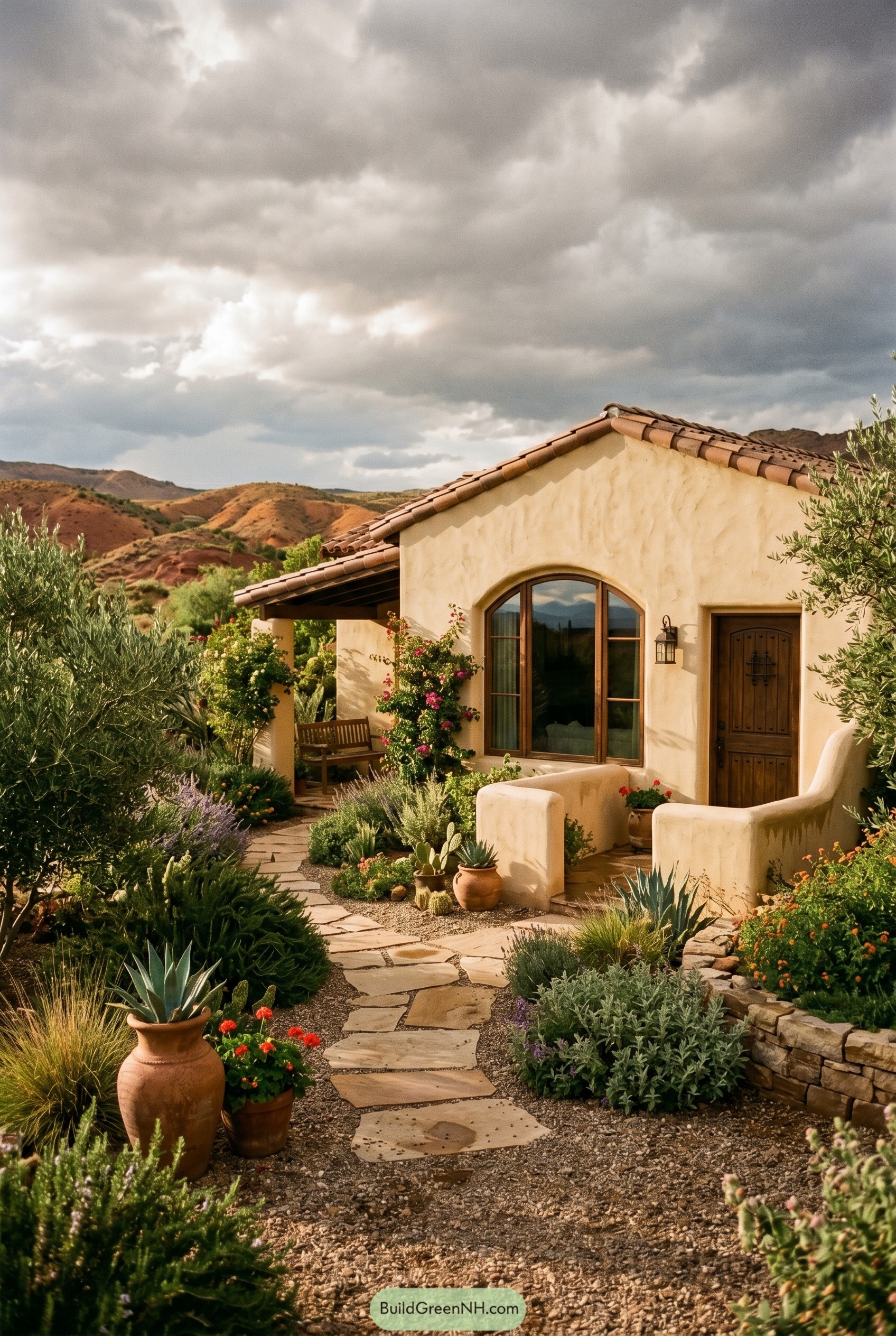 Mediterranean stucco cottage with desert garden and arched window
