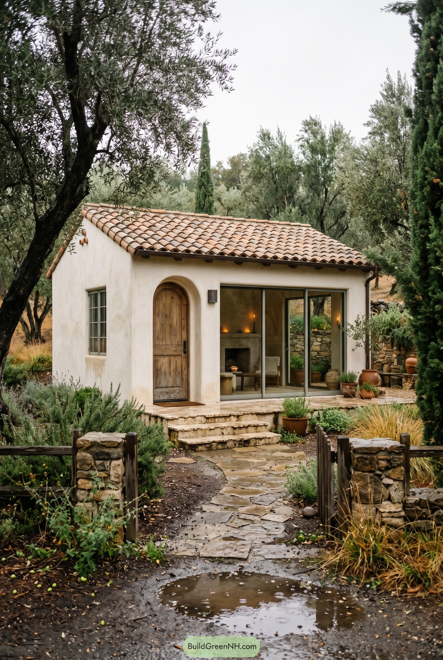 Small white stucco cottage with terracotta roof among olive trees