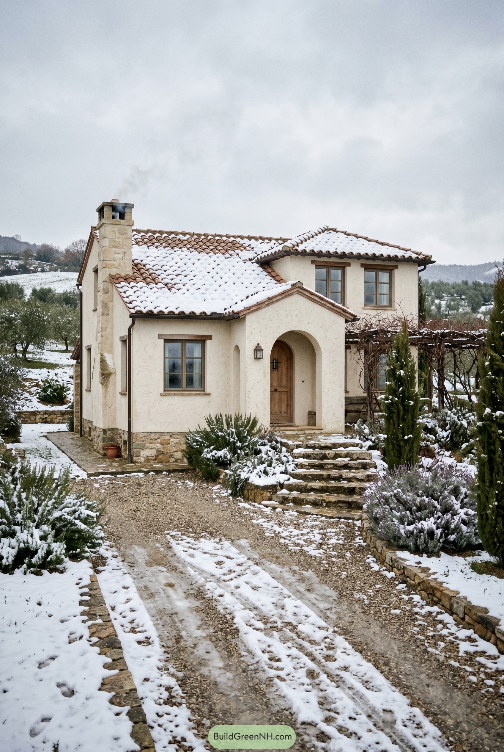 Mediterranean stucco cottage with snowy tile roof and arched entry