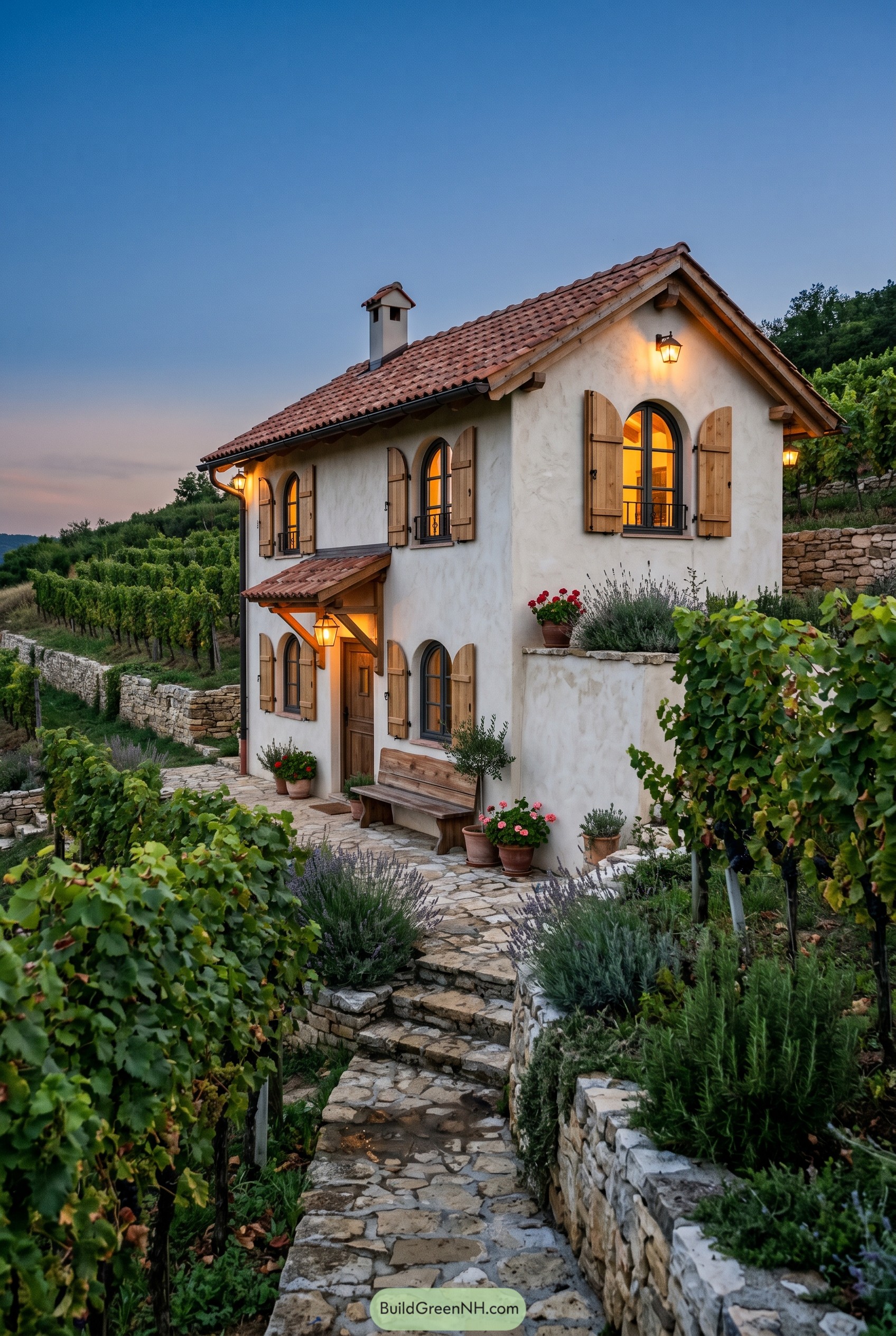 Mediterranean cottage with arched windows in a vineyard