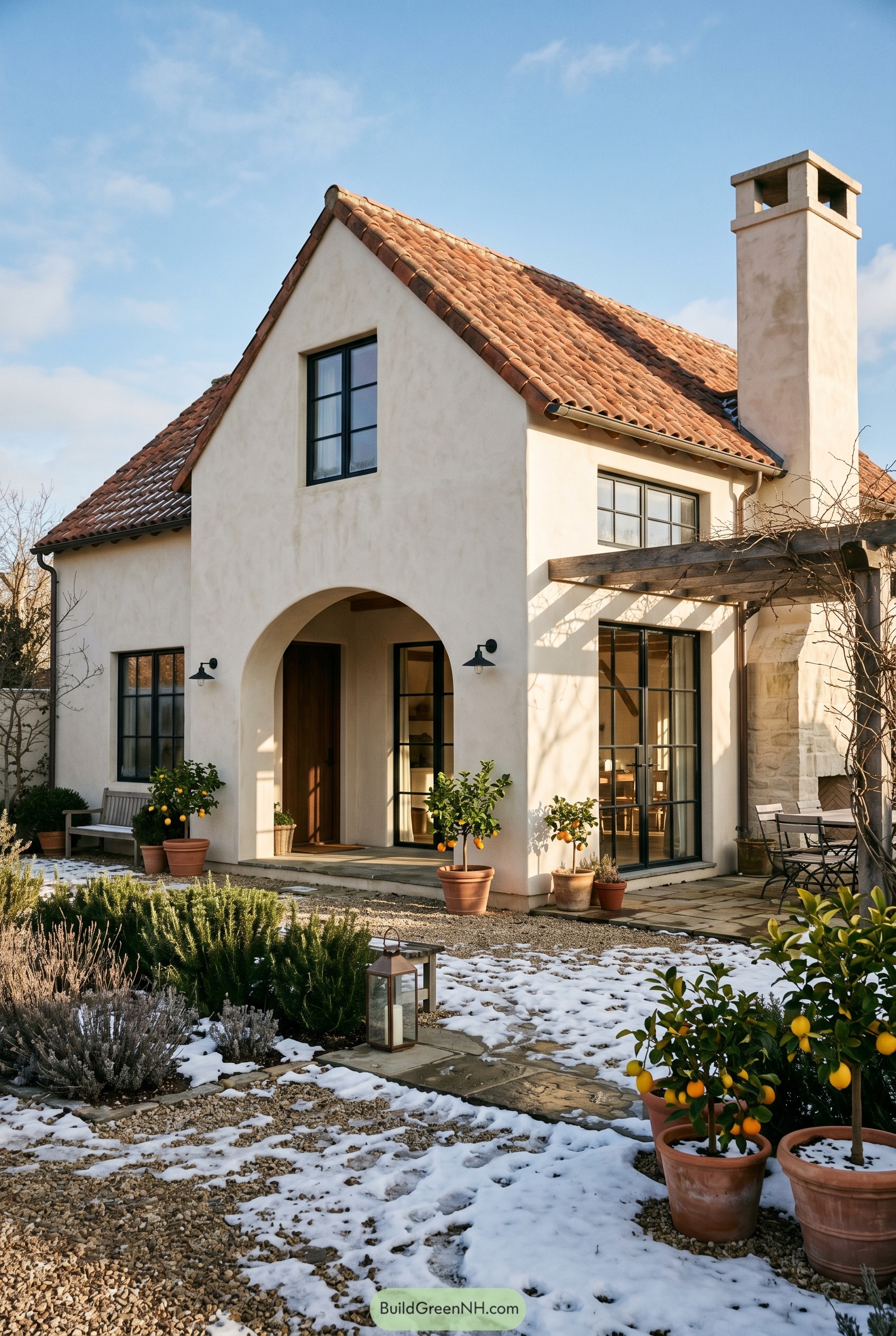Mediterranean stucco cottage with arched porch and potted citrus