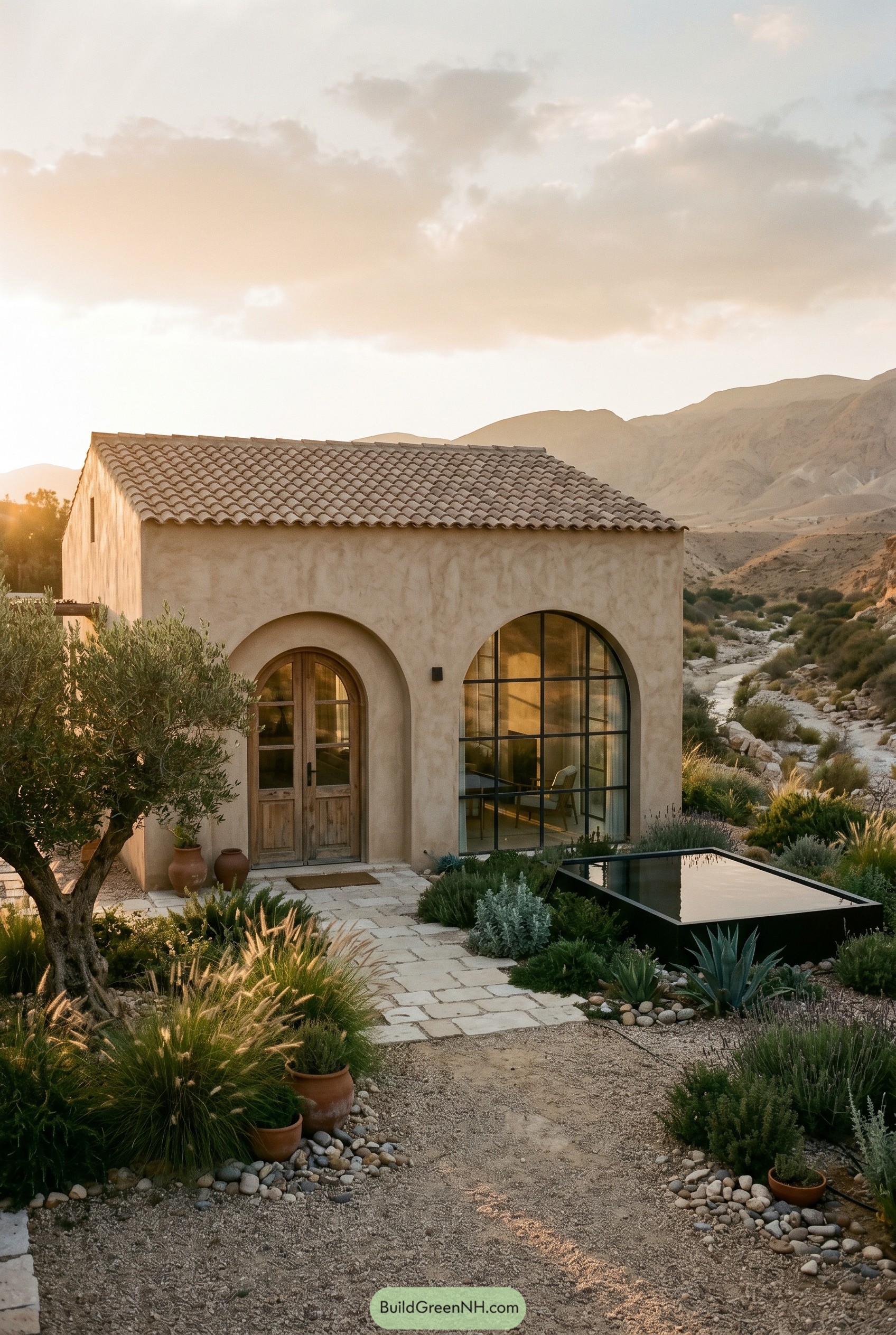 Stucco cottage with arched windows and desert courtyard